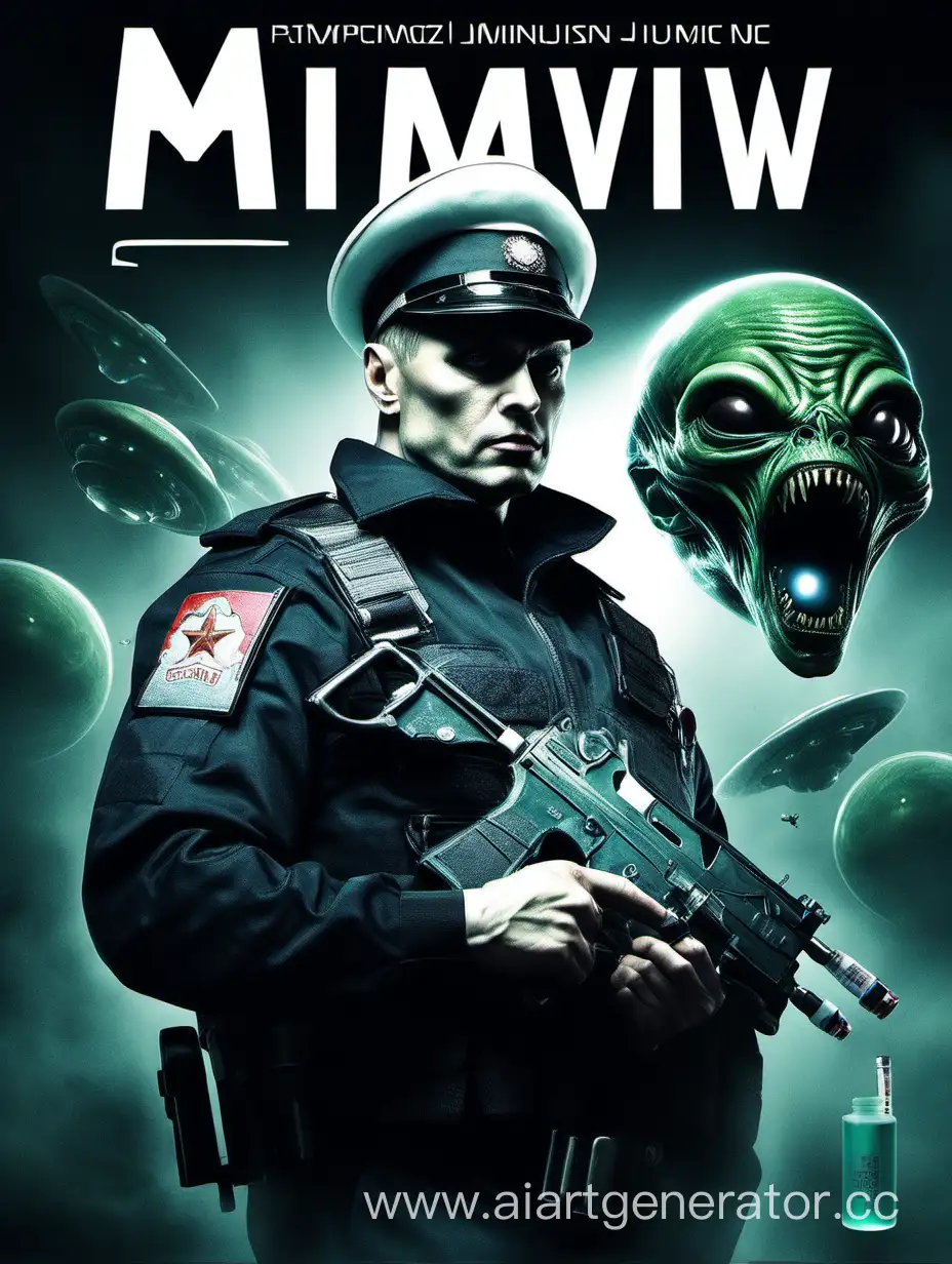 Обложка для книги,  русский полицейский в белом колпаке со шприцем и пришелец, заголовок - MIW, отличное качество, реализм
