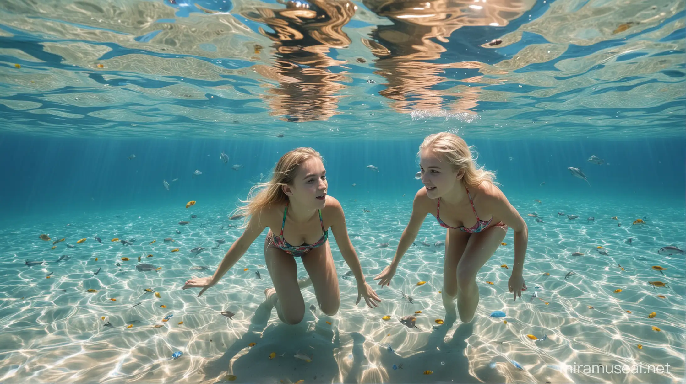 deux jeunes filles blondes nagent avec des dauphins,  mer transparente, on voit des petits poissons brillants, coraux multicolores, photgraphie, eau limpide, reflets du soleil, réaliste