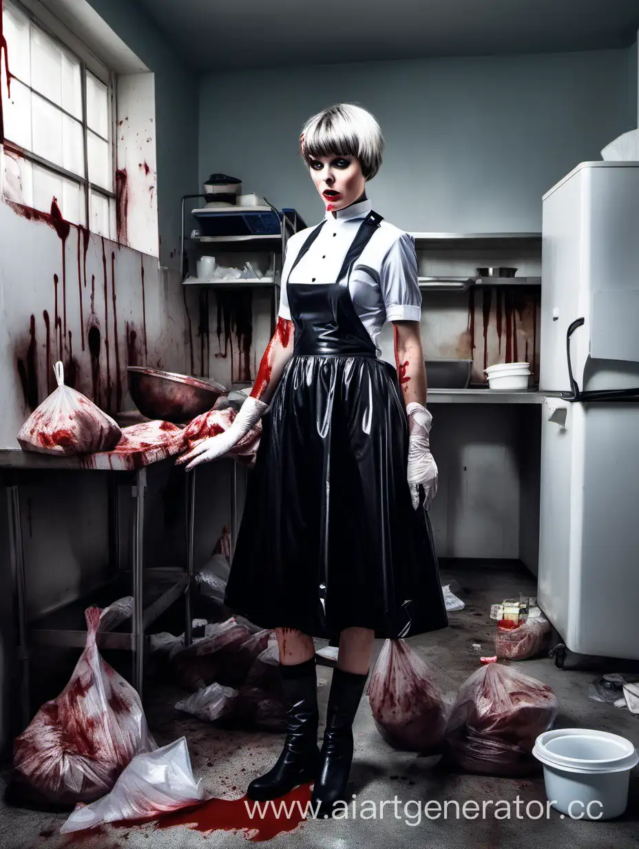 Горничная с короткой стрижкой, черное платье из латекса, сапоги, мусорные пакеты, кровавая кухня