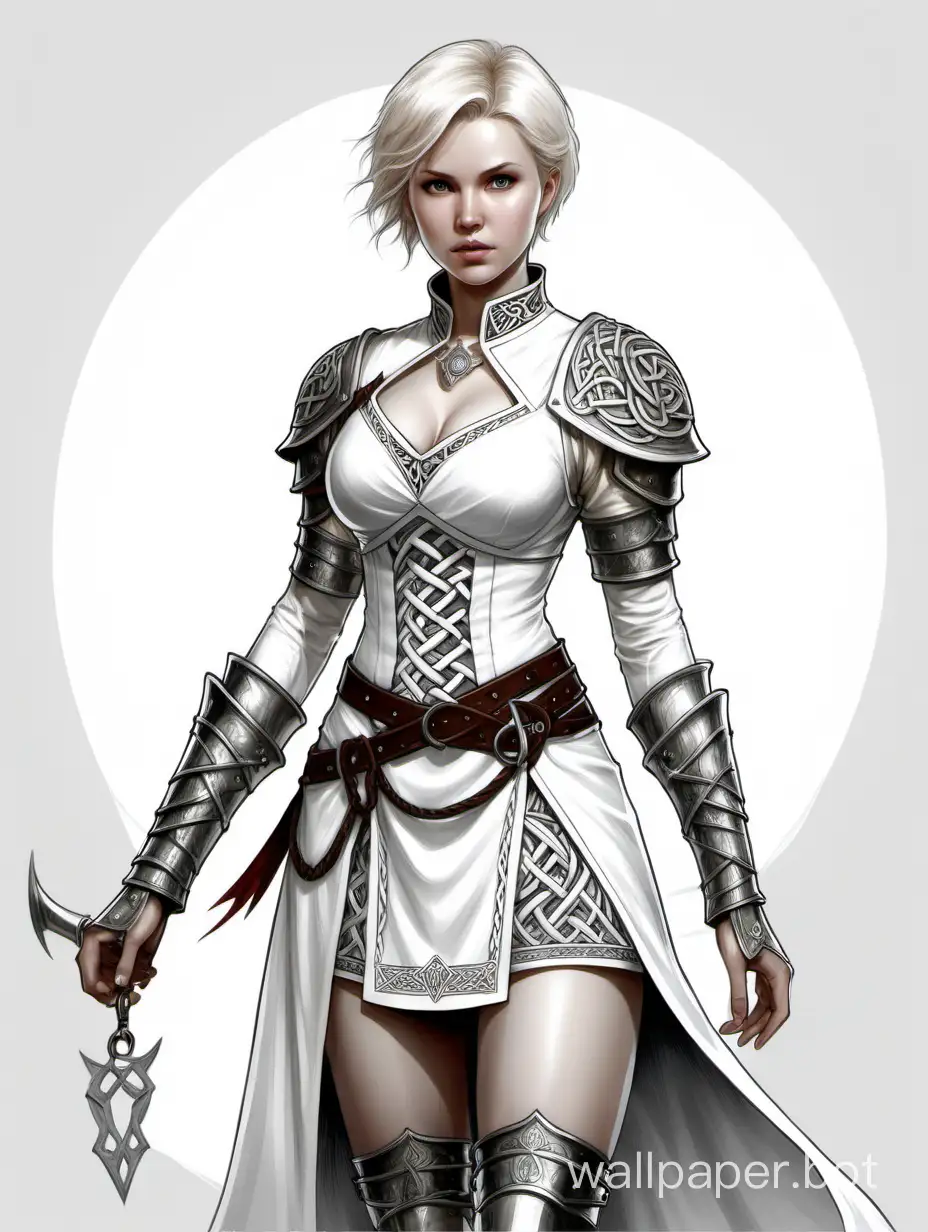 Young Ekaterina Semenova, light short hair with a tail, Scandinavian girl white mage of lightning, large chest size 4, narrow waist, wide hips, hoop, Celtic white leather short armor with a deep neckline and short sleeves with metal decorations, Skirt with metal overlays, black and white sketch, white background, Victorian style