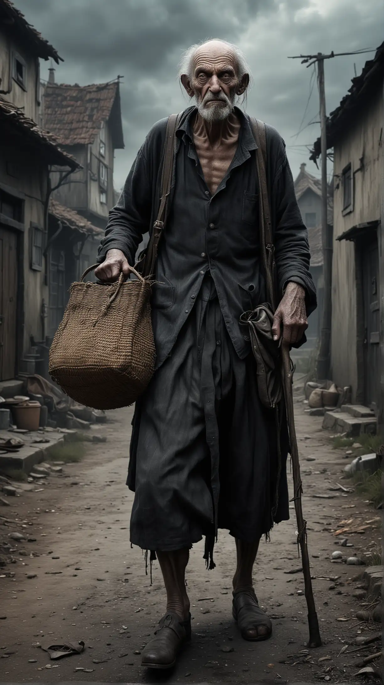 male old ugly with one eye Babay in dark horror style, pitch-black, old, crooked man who carries around a bag and cane, medival broken clothes, dark scary village houses on background, hyper-realistic, photo-realistic