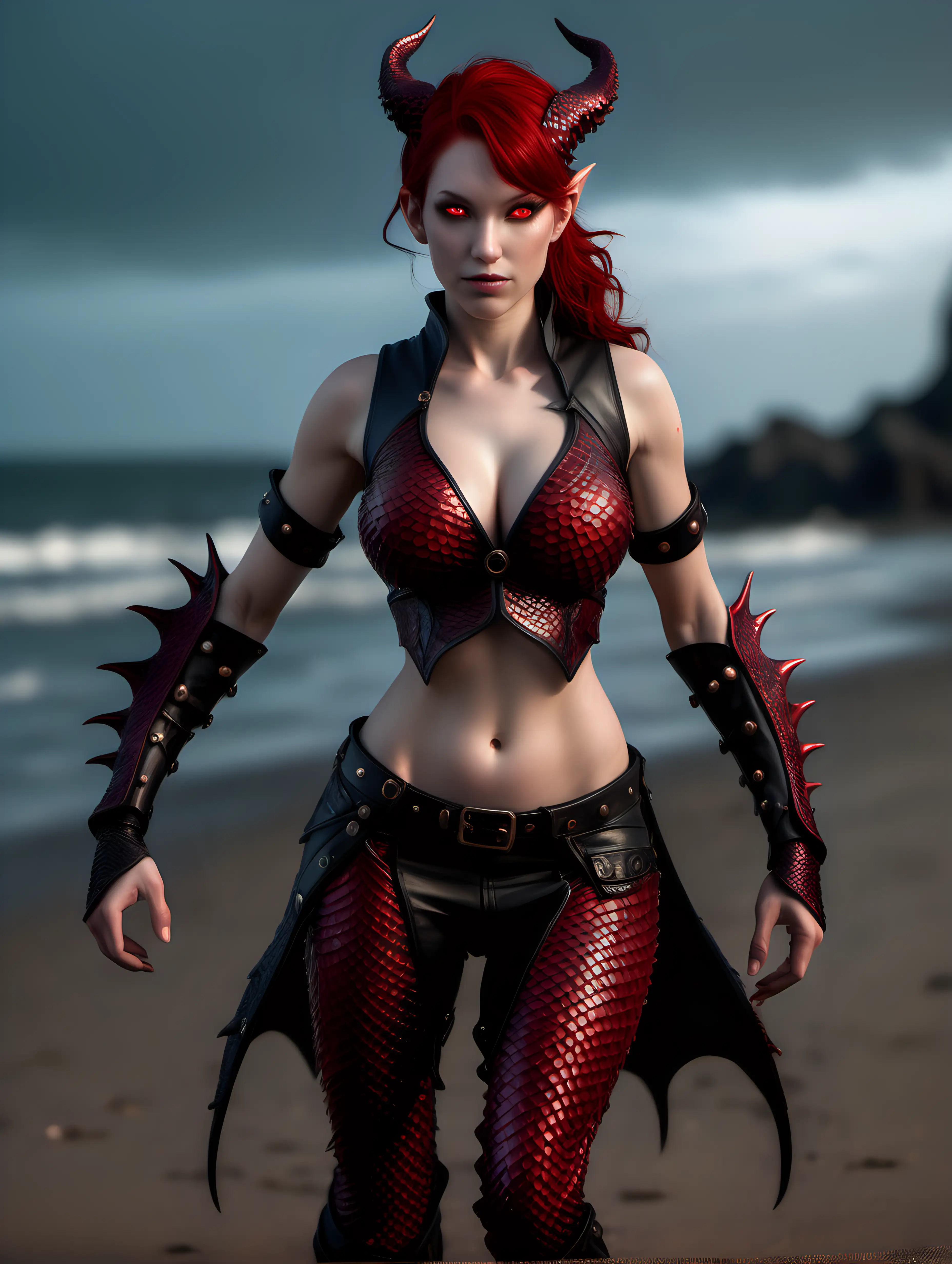 ultra-realistic high resolution and highly detailed photograph of a female dragonrider, with black sleek pointy horns gently swept straight backwards over head, large breasts, red hair, red eyes, sleeveless open front top made of red dragonscales, low pants made of black dragonscales, and draconic runes carved into arms and body, she is walking on a beach in the evening
