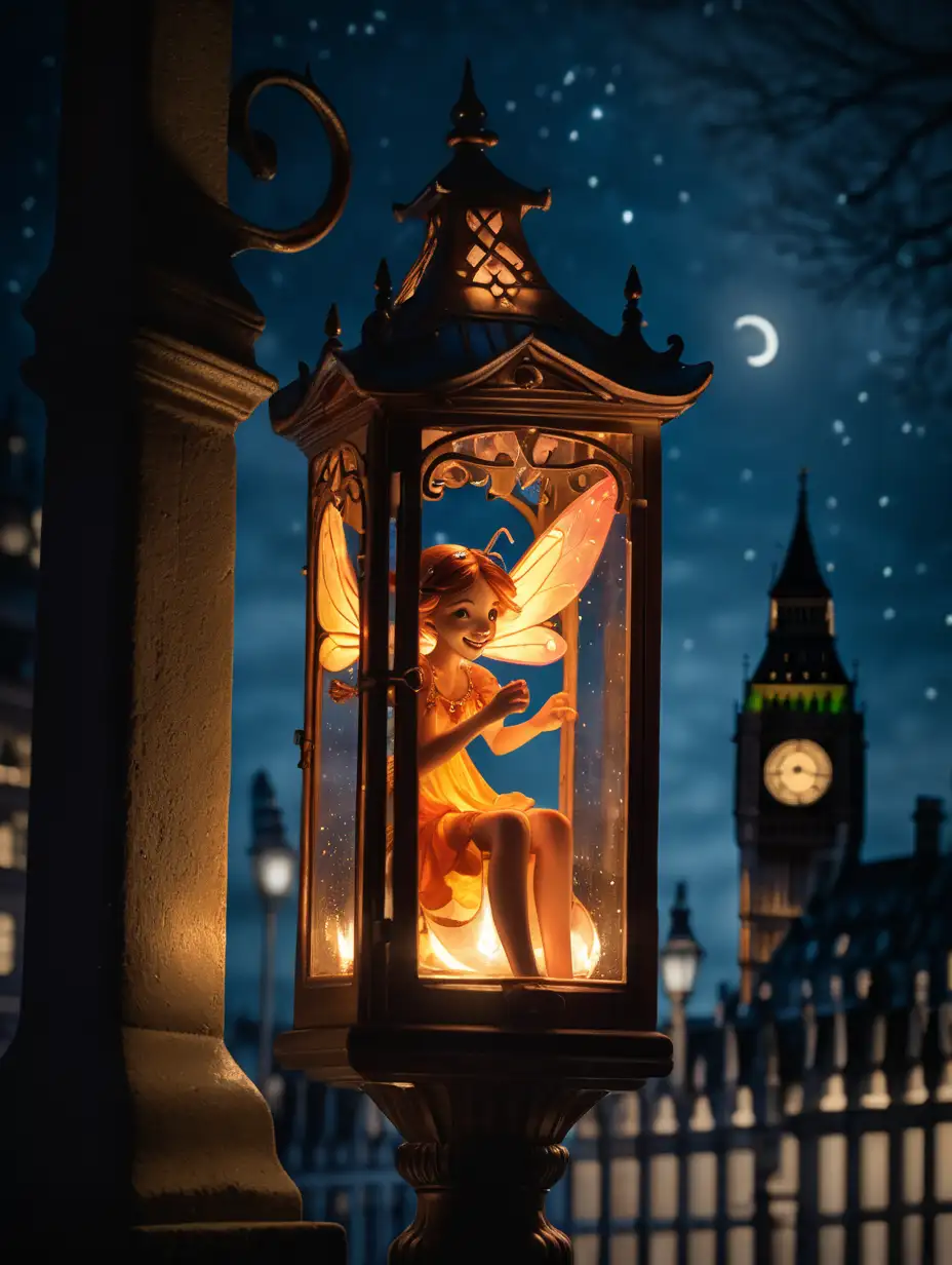 flickering flame fairy sprite sitting inside a windowed lantern on a lamppost in dark london night, she wags her feet and smiles 