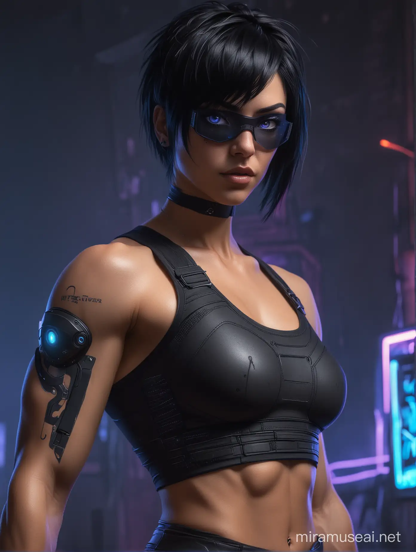 Cyberpunk Style Muscle Woman with Black Light Tanktop and Dual Cybereyes