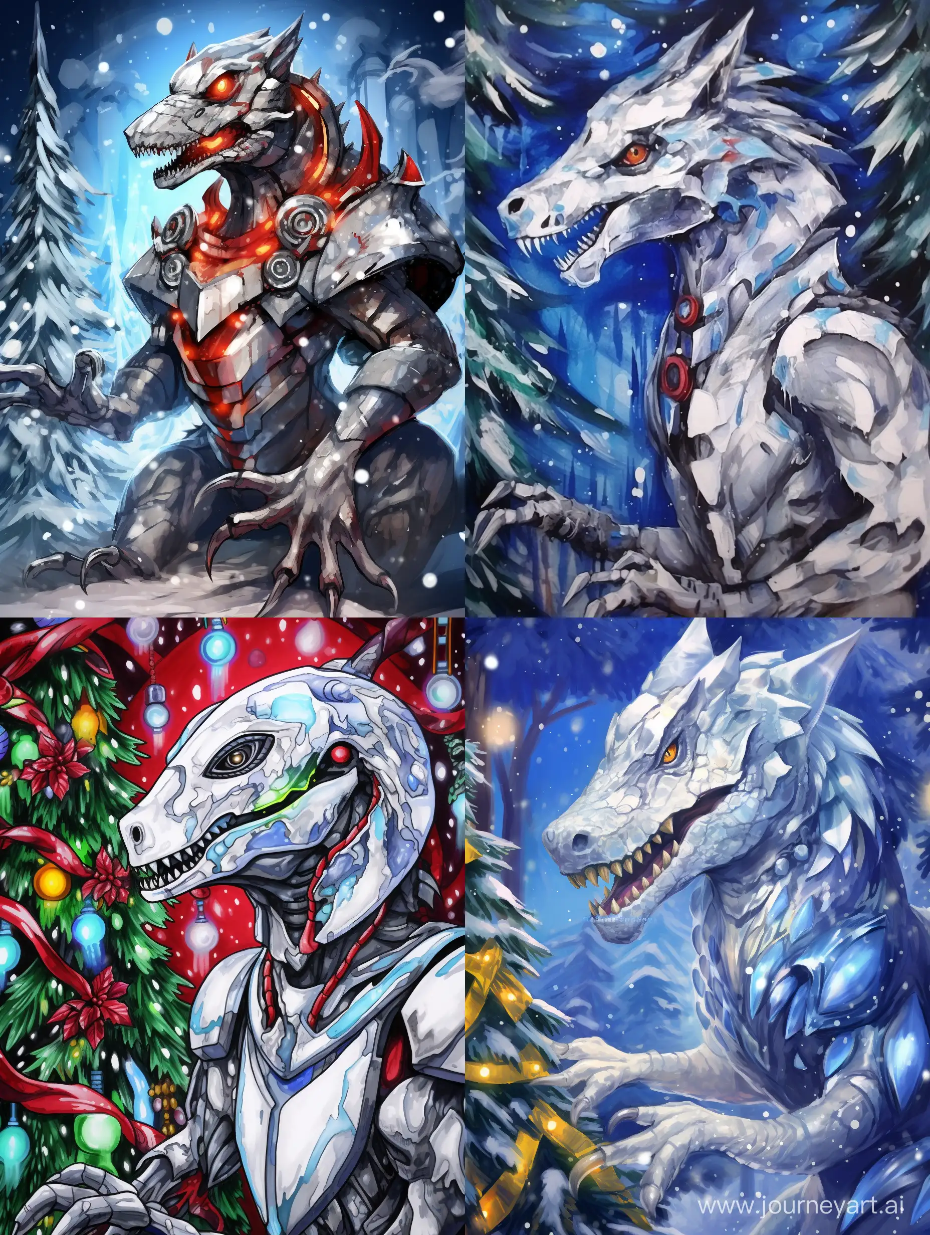 The robot furry protogen is a silver dinosaur with a display, he is a tyrannosaurus robot, silver, climbs on a Christmas tree , Children's drawing style, painted by a child,
Abstract Expressionist Style