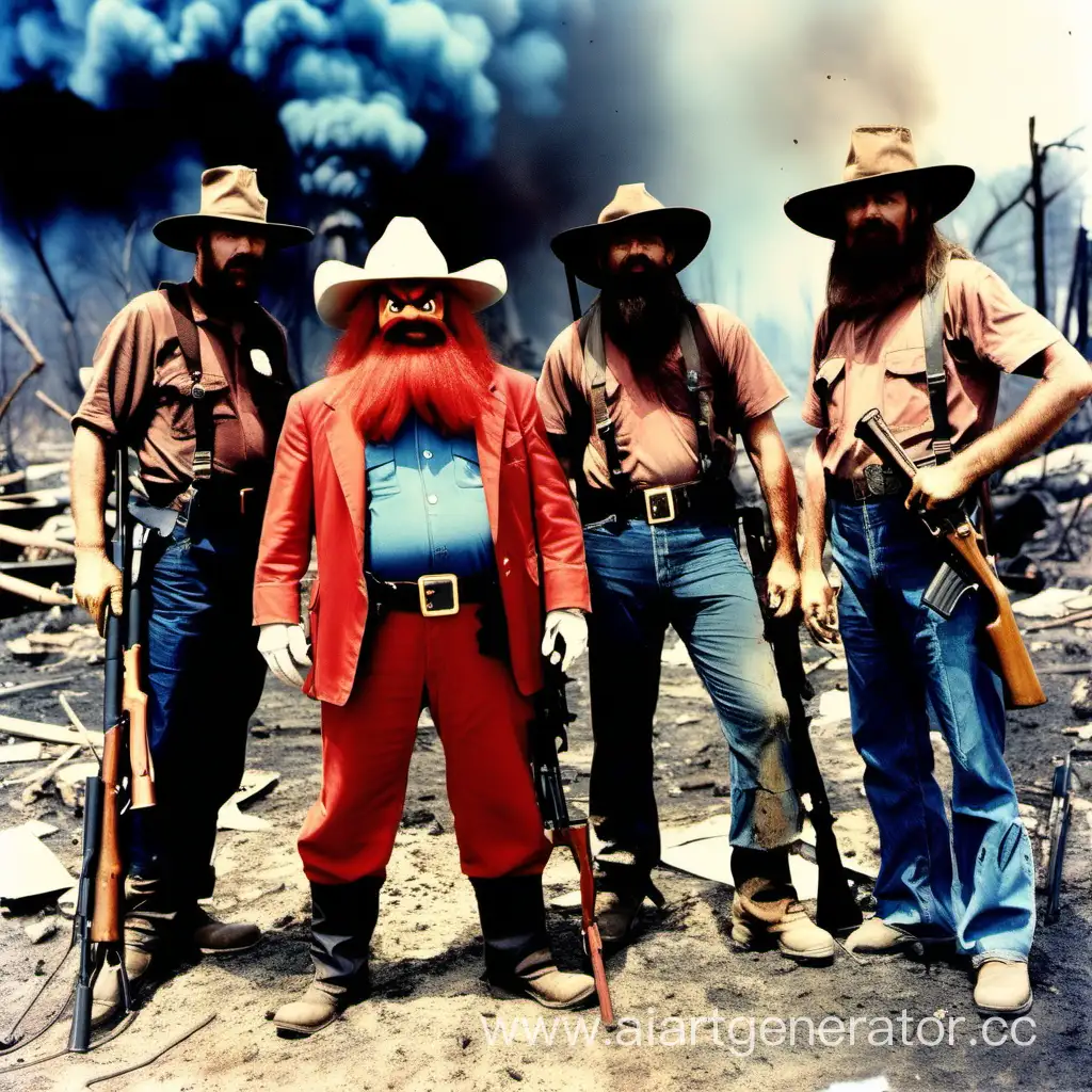 yosemite sam, standing with survivalist board members, in survivalist clothing, with rifles,  in aftermath of nuclear blast, everything burnt or scrorched, color photo
