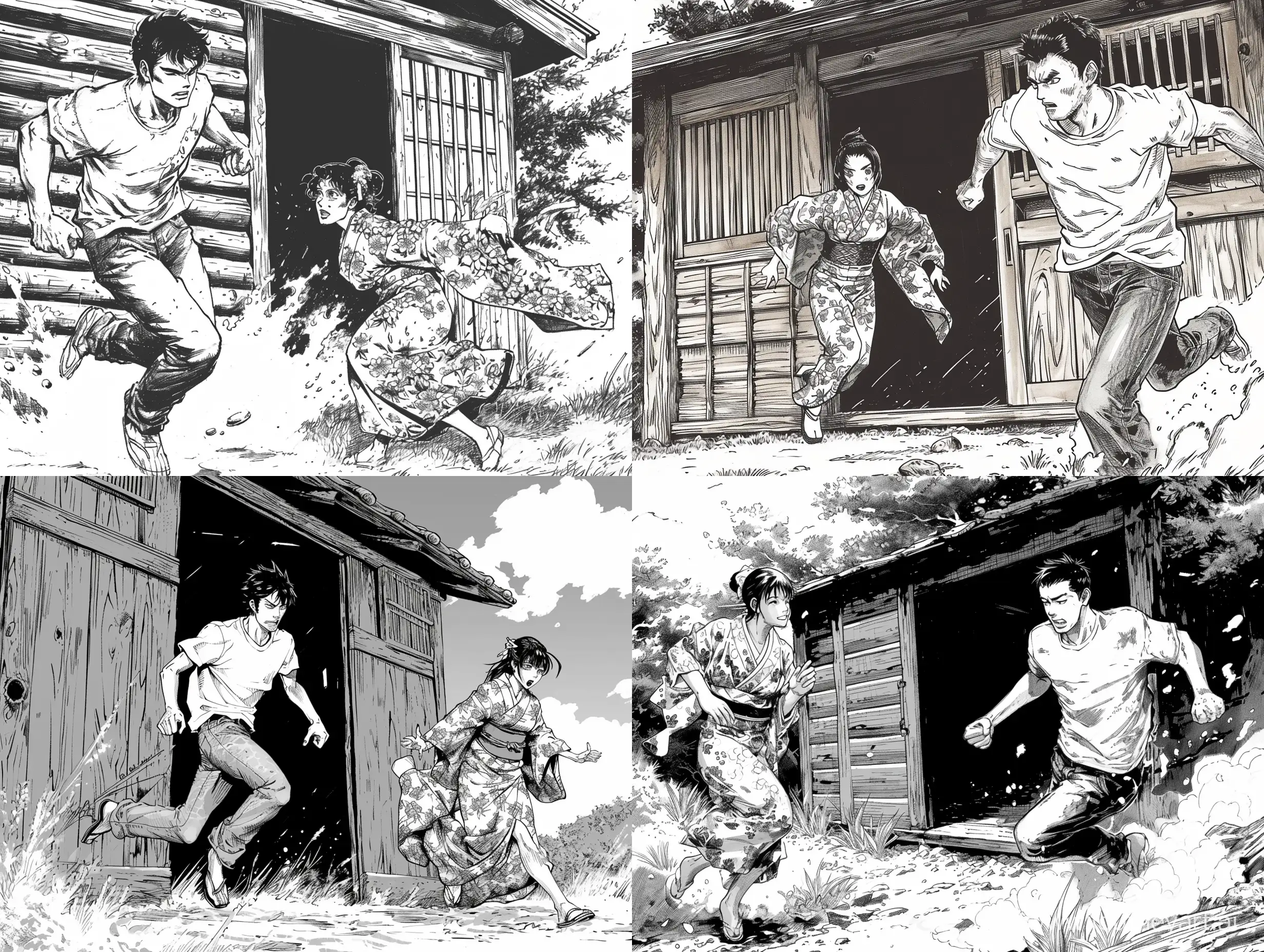 Man-in-White-TShirt-Collides-with-Woman-in-Kimono-Outside-Wooden-Cabin