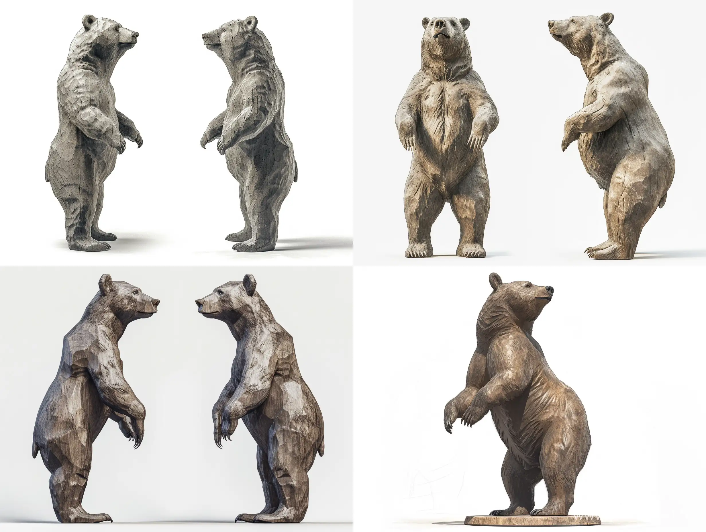 professional sketch shades of gray for wooden sculpture, full-sized little a statue of a brown bear standing on its hind legs back turned full-face and in profile, dynamic elegant pose, front back view and side view, wood carving, step-by-step drawing, Artstation, highly complete detailed, making of, white background, 8k Render, ultra realistic