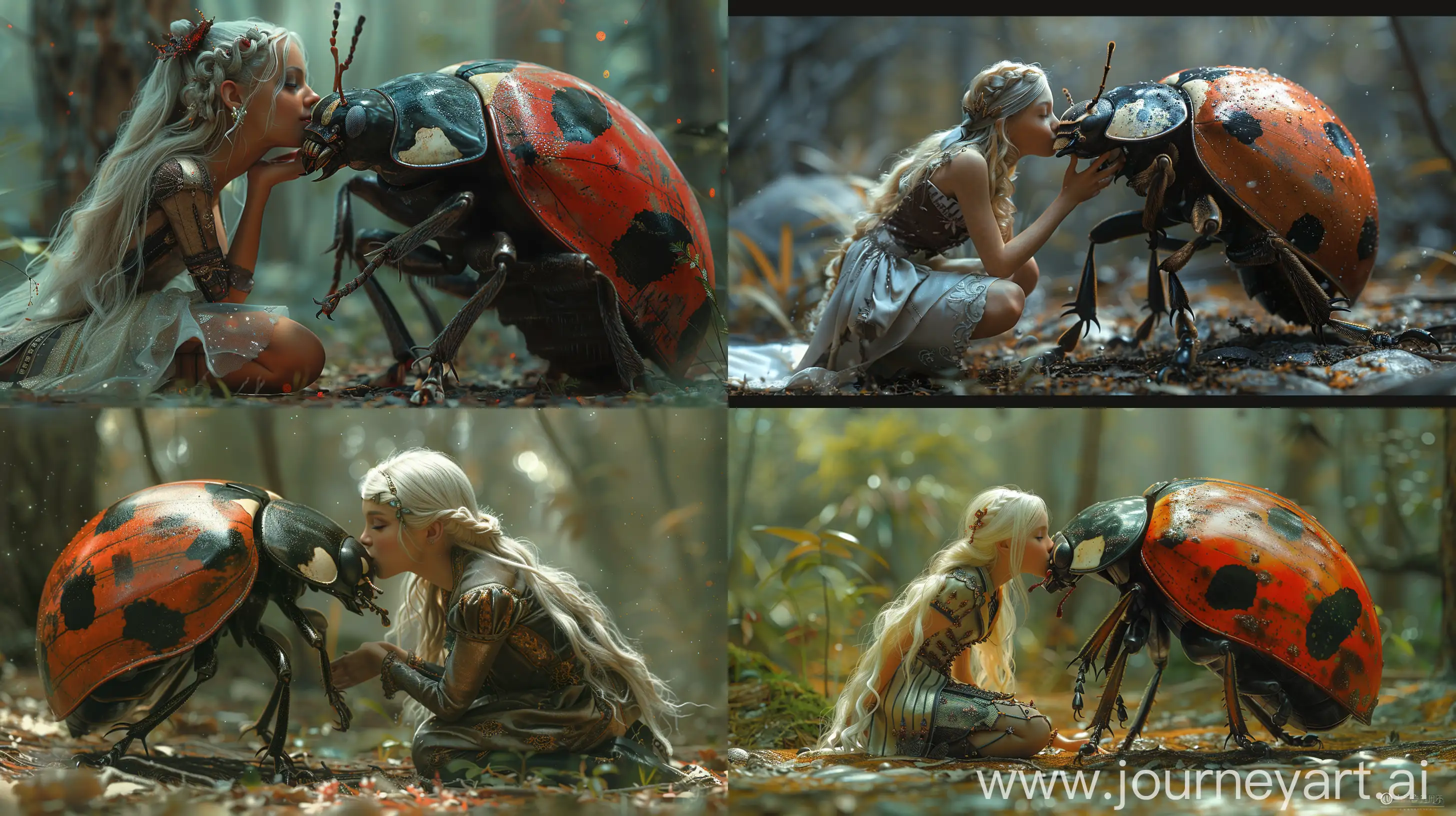 a photorealisitc very detailed 8k image of a beautiful princess kneeling and kissing a giant ladybug dressed in a fancy suit. Full body shot, sideview. They are in a magical forest with atmospheric lighting. --ar 16:9 --s 1000