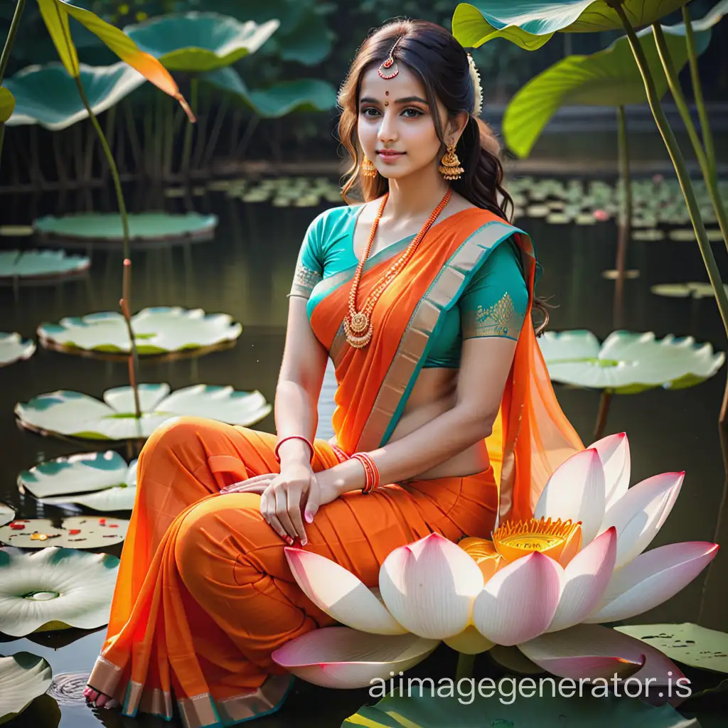 peaceful goddess wearing orange saree. she is sitting on lotus