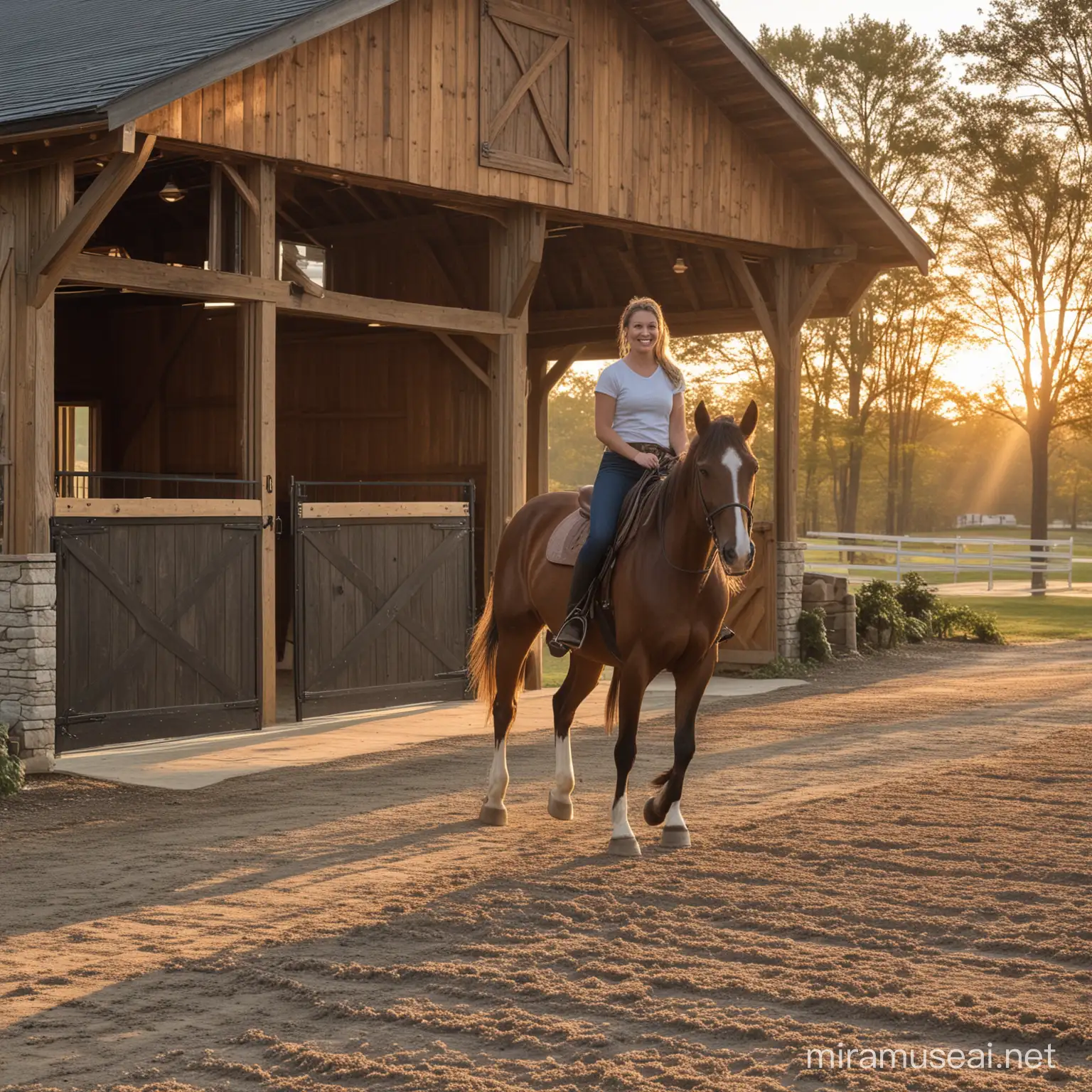 beautiful horses everywhere outside. horses. love. magic.  rectangular horse riding arena. sand on floor. Pennsylvania style.  timber frame. barn oak wood. black hardware. charcoal metal roof.  big barn doors. expensive. fancy. good quality. beautiful. architectonic correct. equilibrium. detailed. very real. sunset.  some people riding horses. beautiful rich woman. smiling.