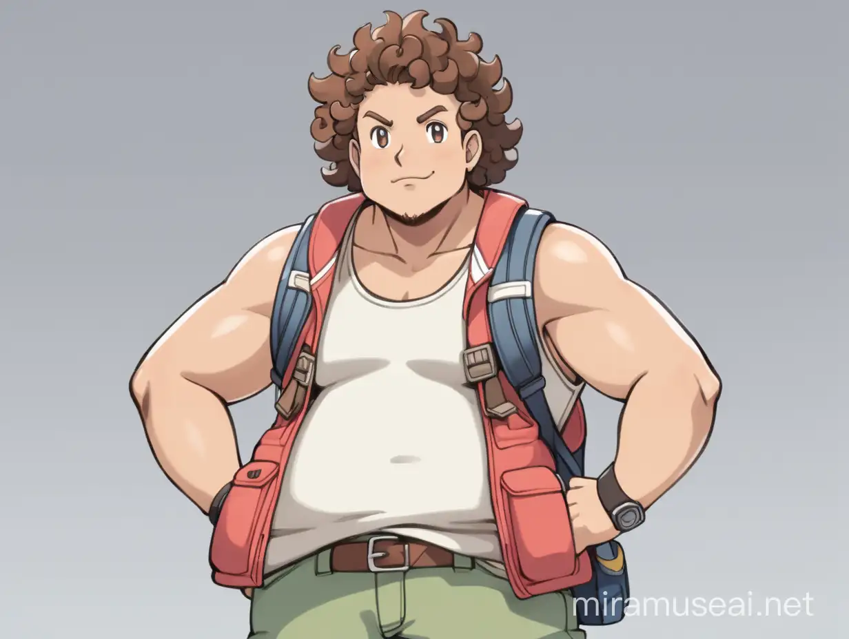 a man dressed like a hiker, curly brown hair, tanned skin, tank top and shorts, full body, no beard, a little chubby and tall but not much, pokemon anime style
