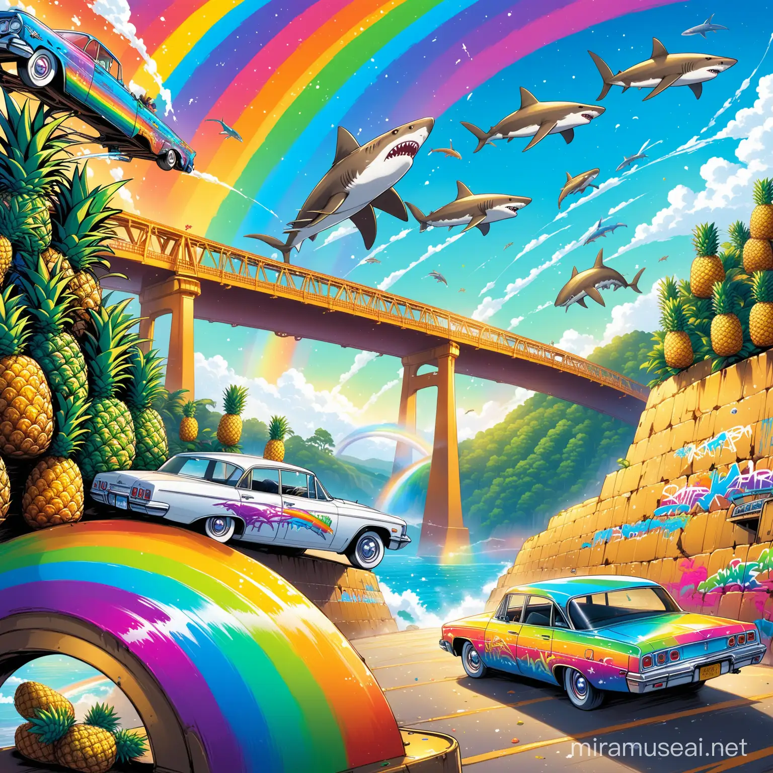 golden bridge, flying sharks, rainbow, stars, impala car,graffiti, skateboarder, pineapples, 