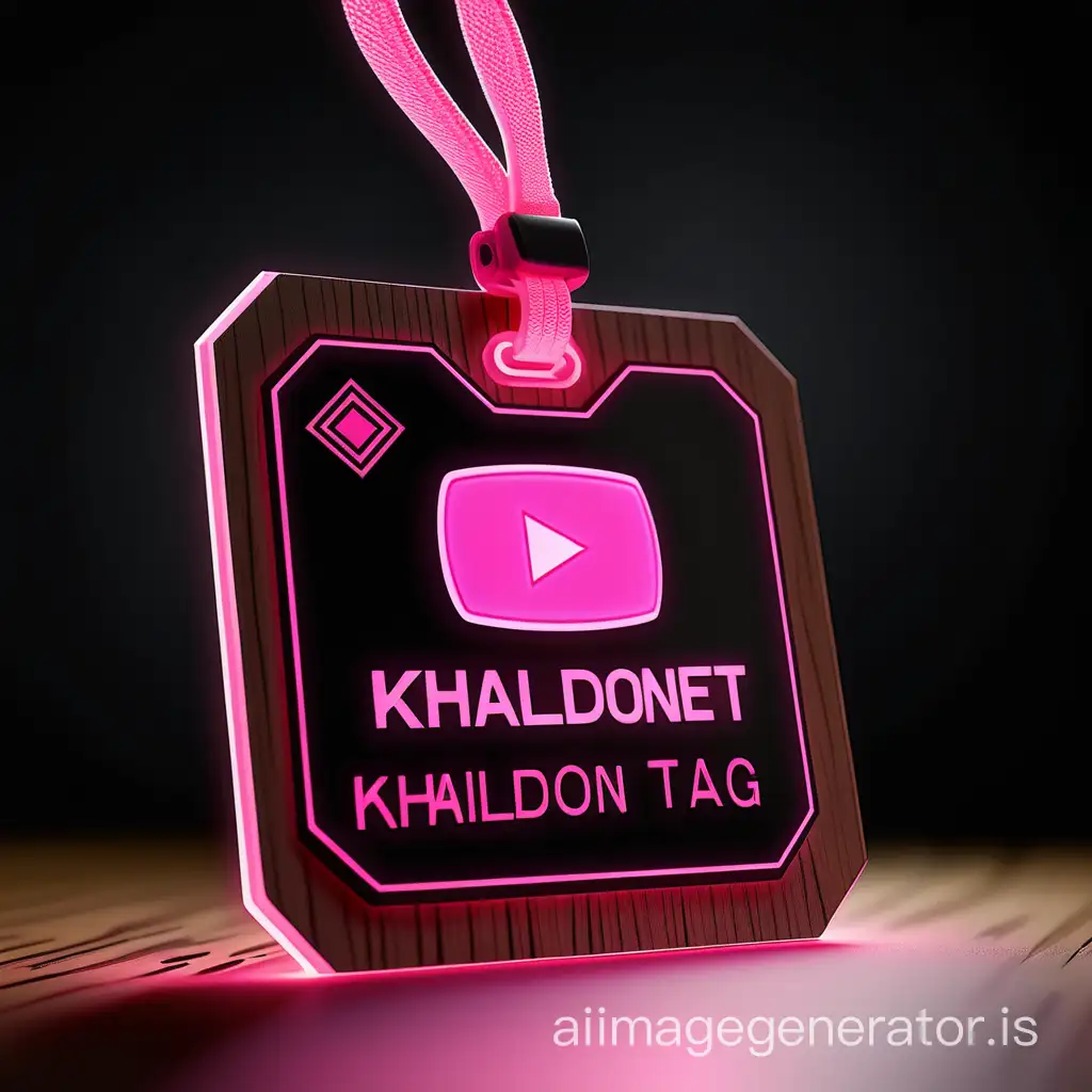 An image depicts a digital, illuminated name tag that glows with a neon pink light. The name “ KHALIDONET” tag contains a Youtube logo, a name, KHALIDONET, QR code, and other text elements. The name tag appears to be made of a dark diamond wooden material.