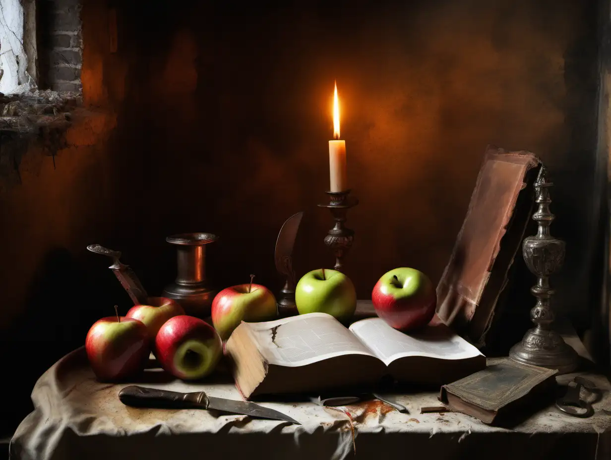 Rustic Still Life 17th Century Inspired Painting with Burning Splinter and Apples