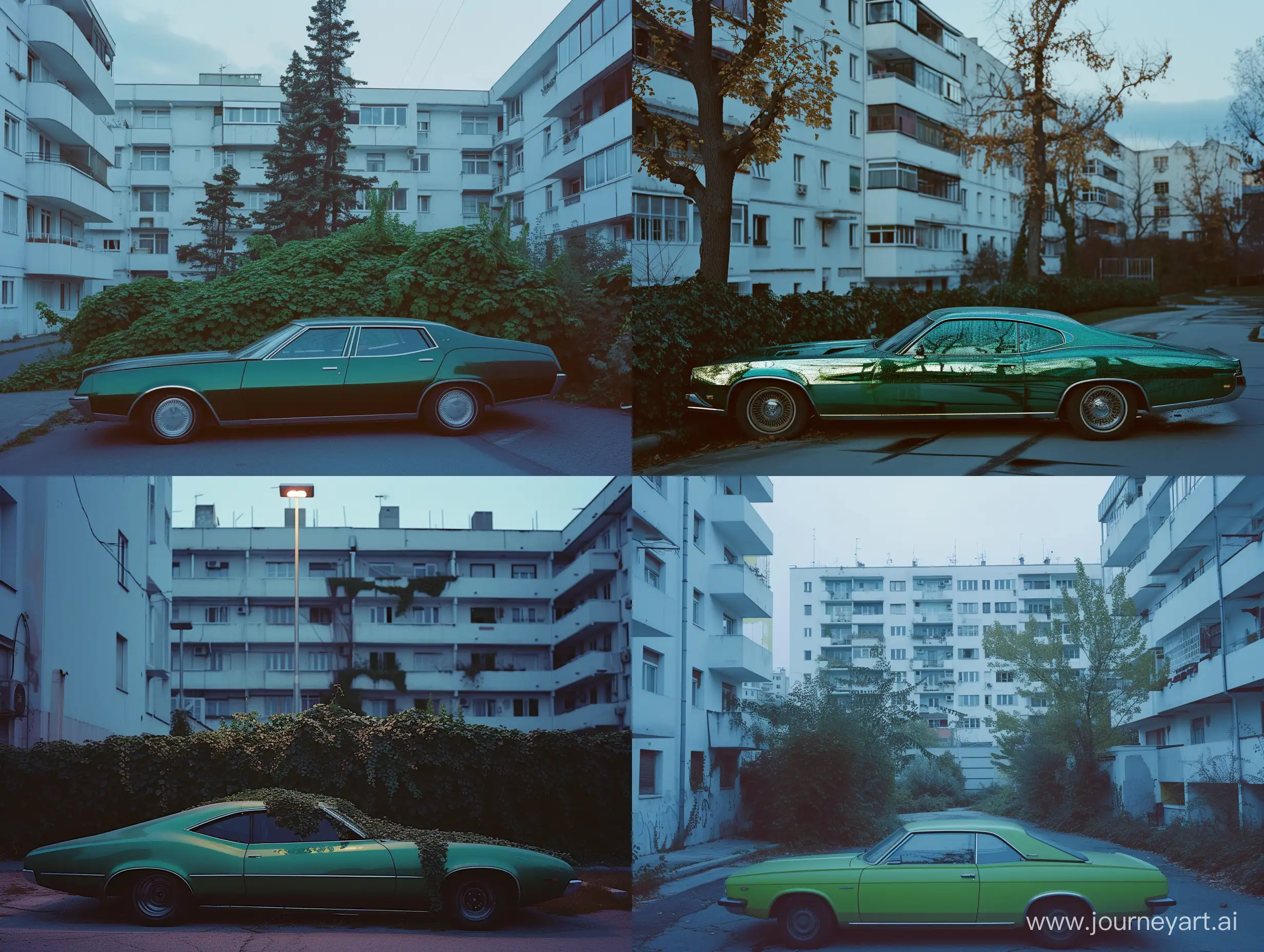 Liminal-Space-in-Romania-Shiny-Green-Retro-Car-on-Residential-Street-at-Dawn