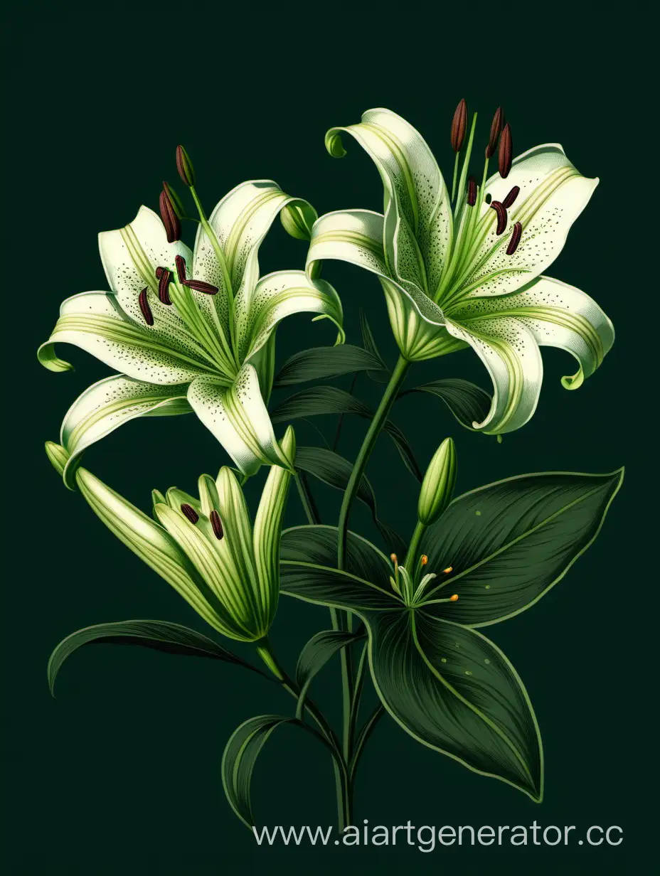 Botanical wild green Lily flower on dark green background