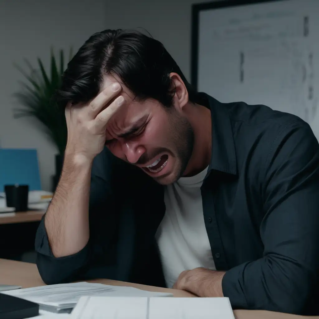 A dark haired man crying at his desk