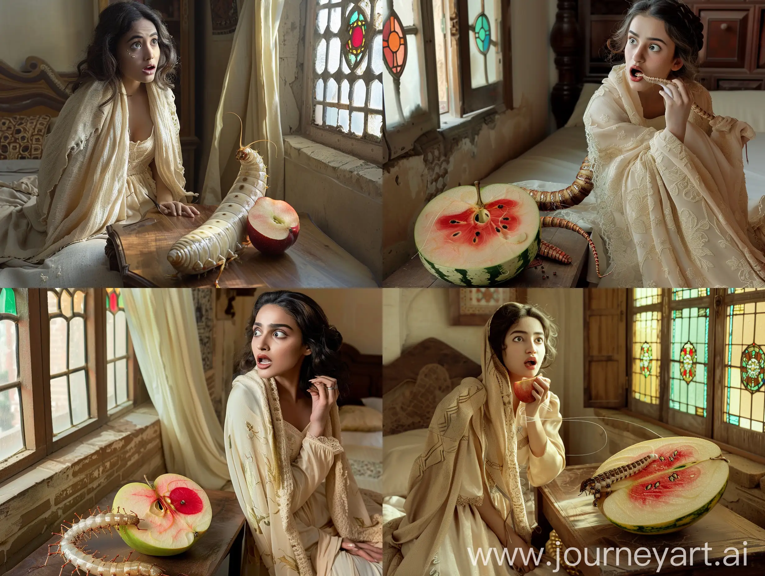 A young Persian woman in a cream dress and shawl wakes up early in the morning and is surprised to see a giant silkworm with a length of 30 cm and a width of 10 cm, which is on a wooden table in front of the bed next to the window with stained glass and is eating.  A big apple half looks like a watermelon.  His room is in the Bam Citadel in the Persian Empire cinematic, epic realism,8K, highly detailed, medium shot, upper body, glamour lighting