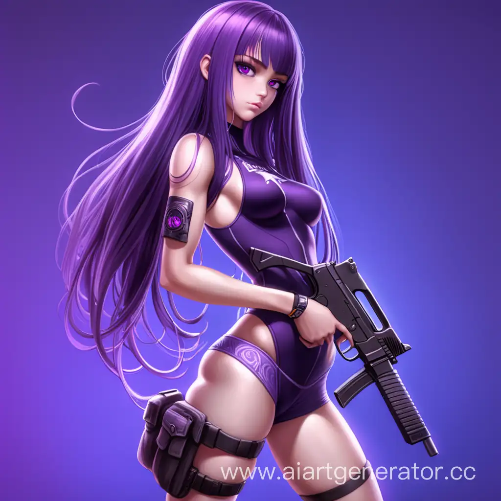 Futuristic-PurpleHaired-Warrior-with-Gun-in-Cyberpunk-Attire