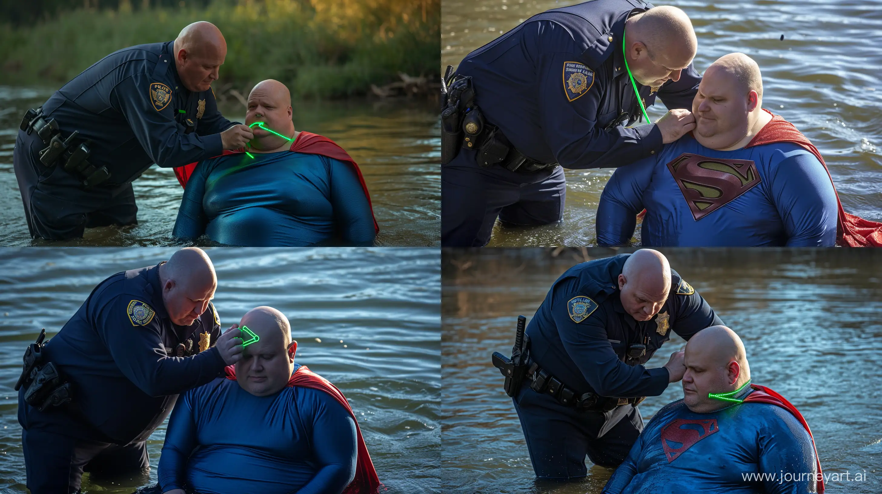 A closeup photo of a chubby man aged 60 wearing a long-sleeved navy police uniform, bending behind and tightening a green glowing small short flat dog collar on the nape of another chubby man aged 60 sitting in the water and wearing a tight blue silky superman costume with a large red cape. River. Natural Light. Bald. Clean Shaven. --style raw --ar 16:9 --v 6