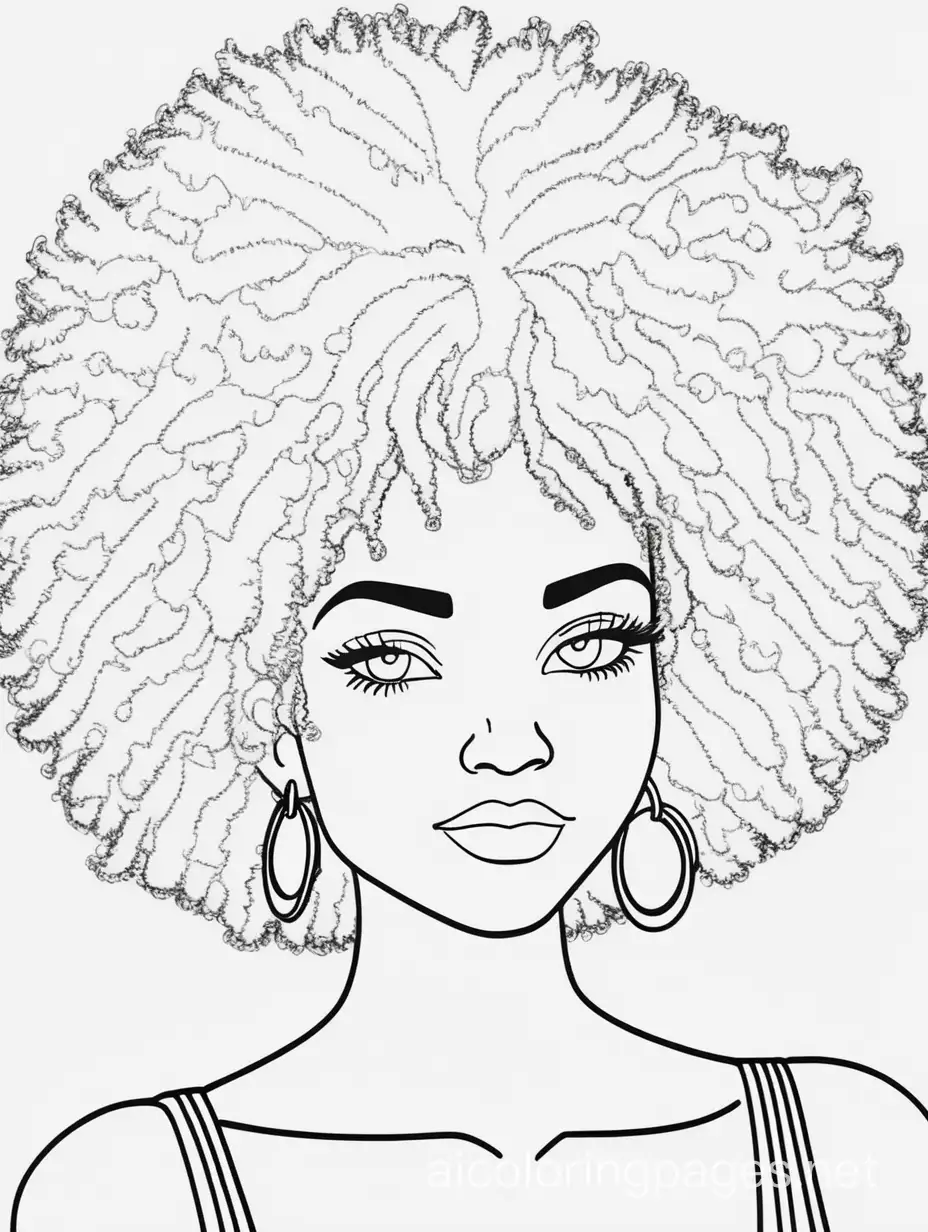 Afro pretty woman, Coloring Page, black and white, line art, white background, Simplicity, Ample White Space. The background of the coloring page is plain white to make it easy for young children to color within the lines. The outlines of all the subjects are easy to distinguish, making it simple for kids to color without too much difficulty