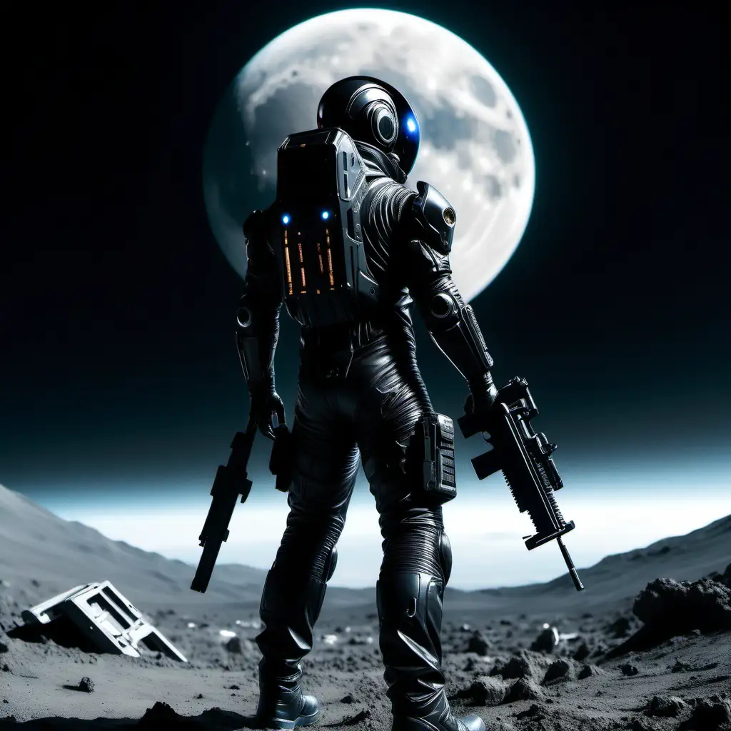 A single figure stands in a sleek black space suit holding a gun facing away from the camera. In front of him is a cyberpunk style base. The scene is set on the moon but a distant earth can be seen in the sky above.