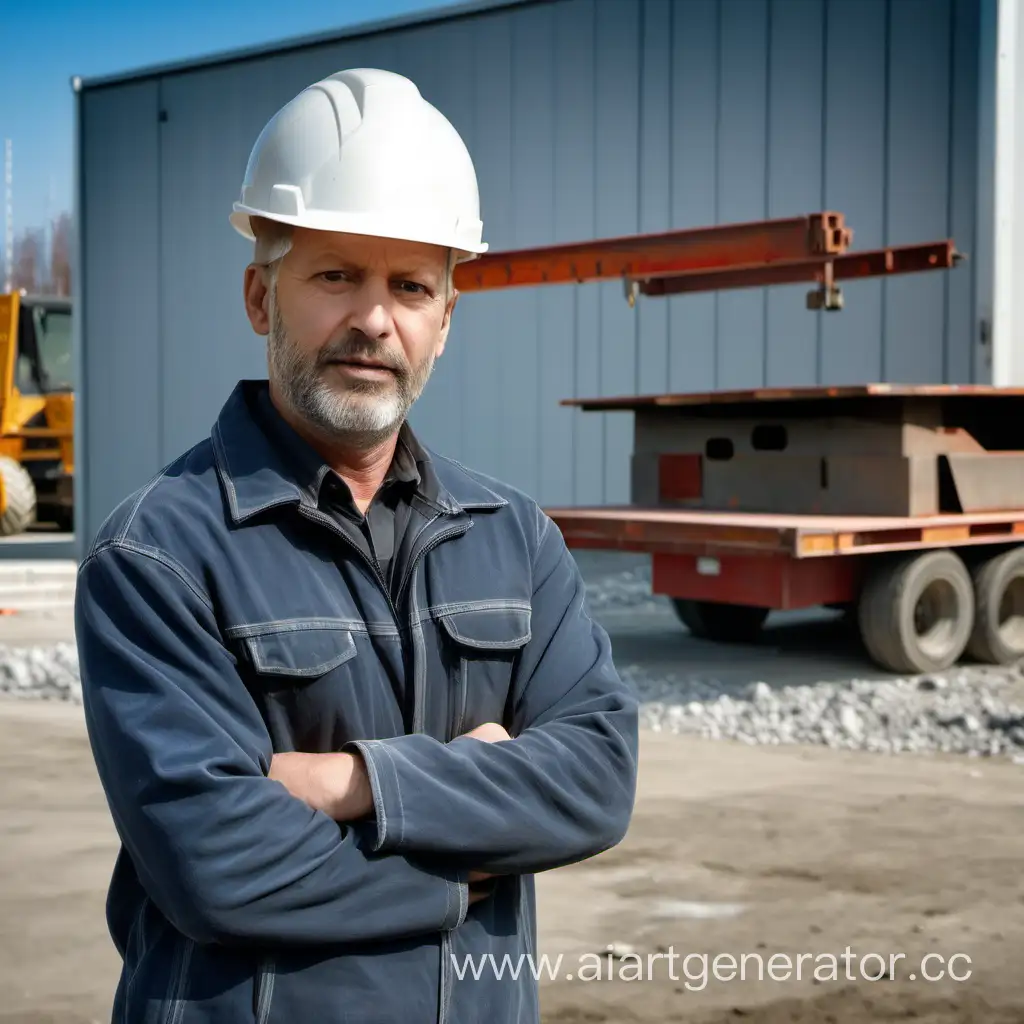 мужчина профессия строитель возраст 40 лет стоит на заднем фоне металлическая строительная бытовка стоит  на бетонном основании