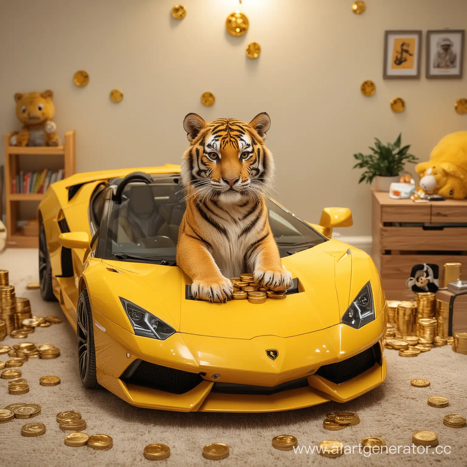 Тигр сидит в детской желтой ламборгини а сзади него куча биткоинов
