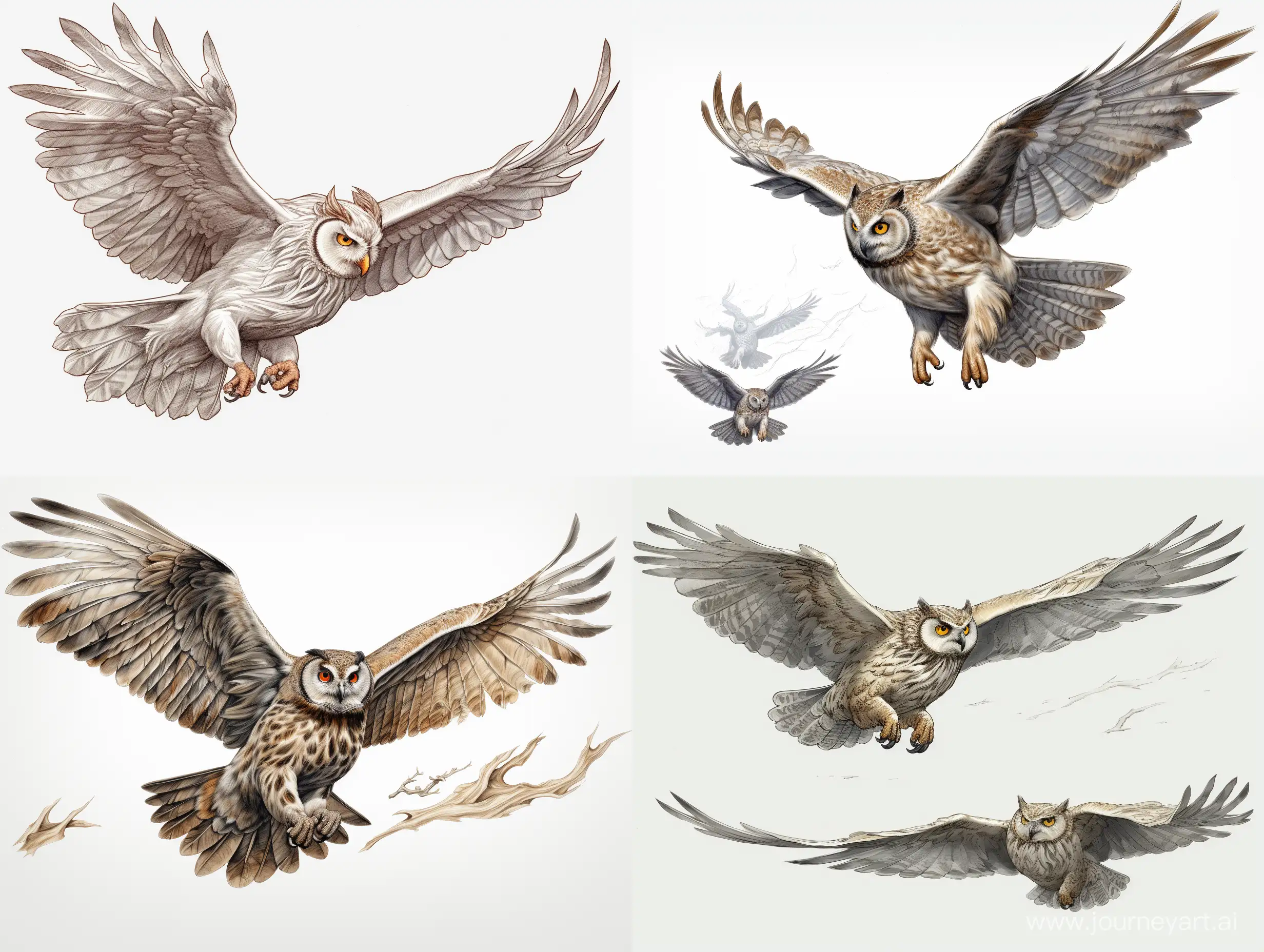 Professional sketch for wood carving sculpture, full length grey-brown owl flying at high speed towards the camera, pro dynamic character, front, back and side view, wood carving, concept art, Artstation, 3d, white background, 8k render, ultra realistic
