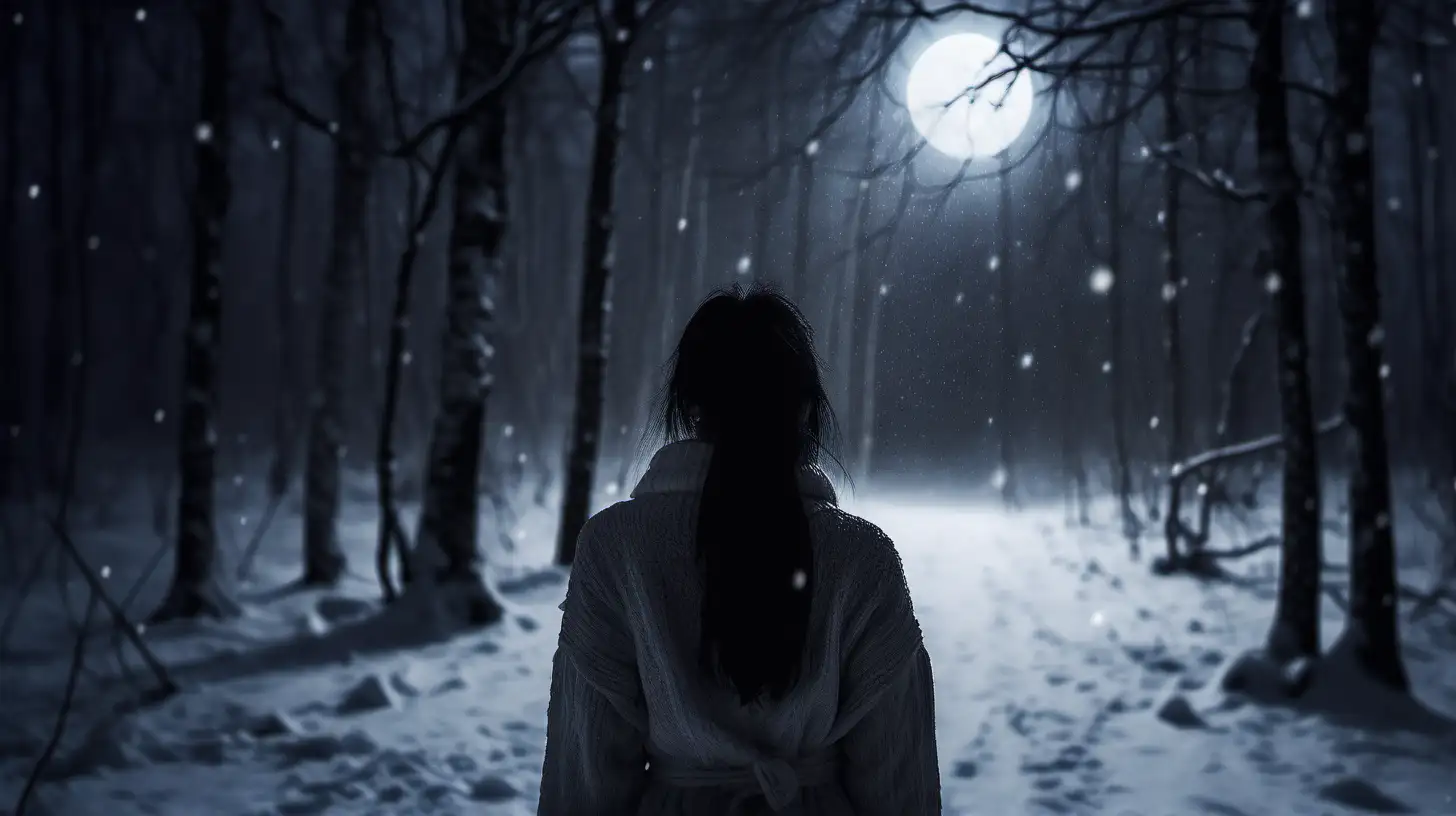 nevicata notte inverno buio ragazza da dietro sola photo reale bellissima soft skin bosco fitto luna soft