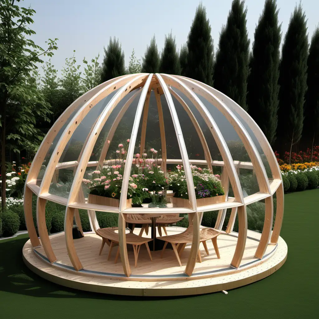 flower shape glulam garden pod covered with clear policarbonate