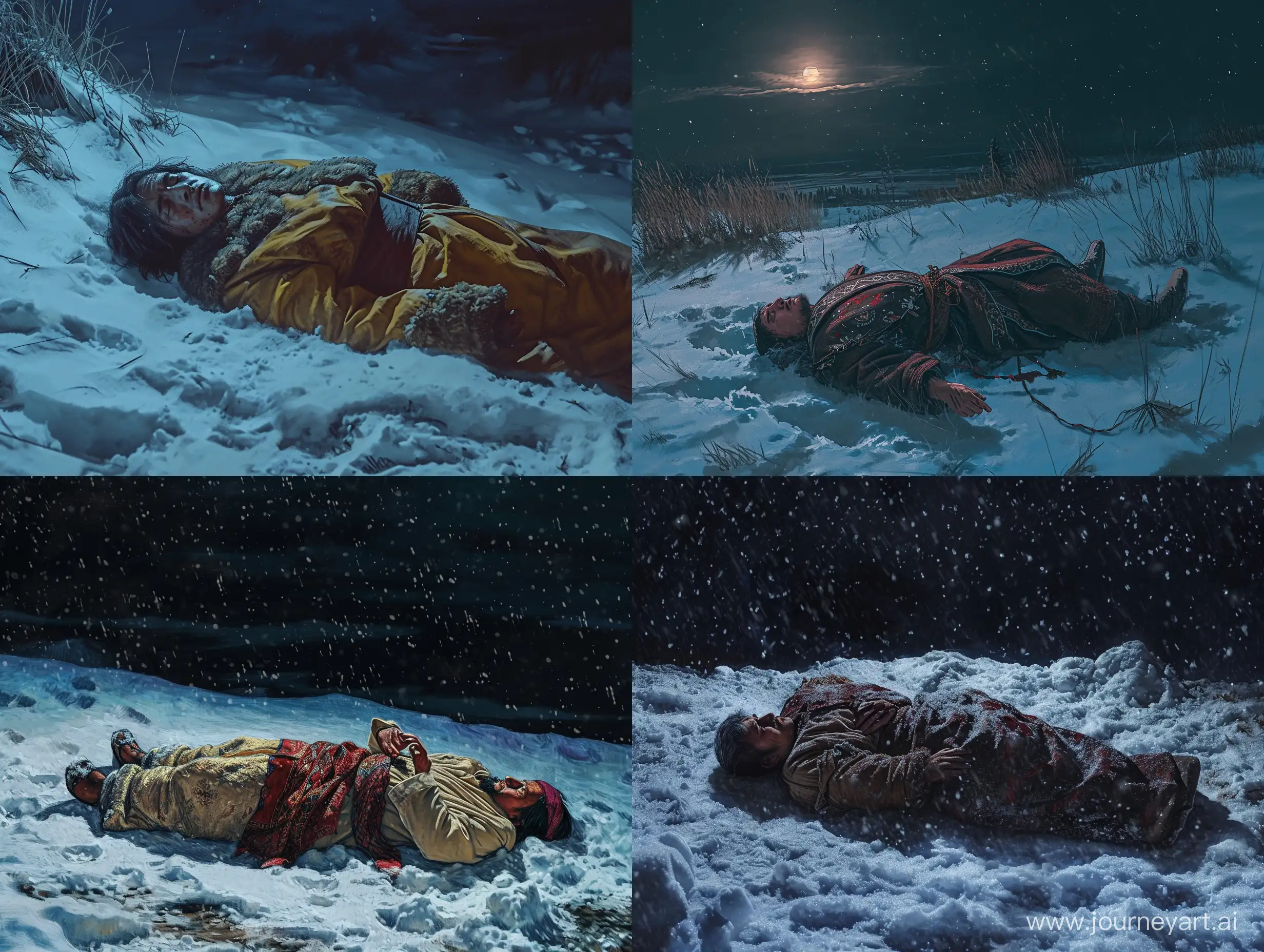 Нарисуй человека казахской национальность побитого который лежит на снегу ночью очень натурально