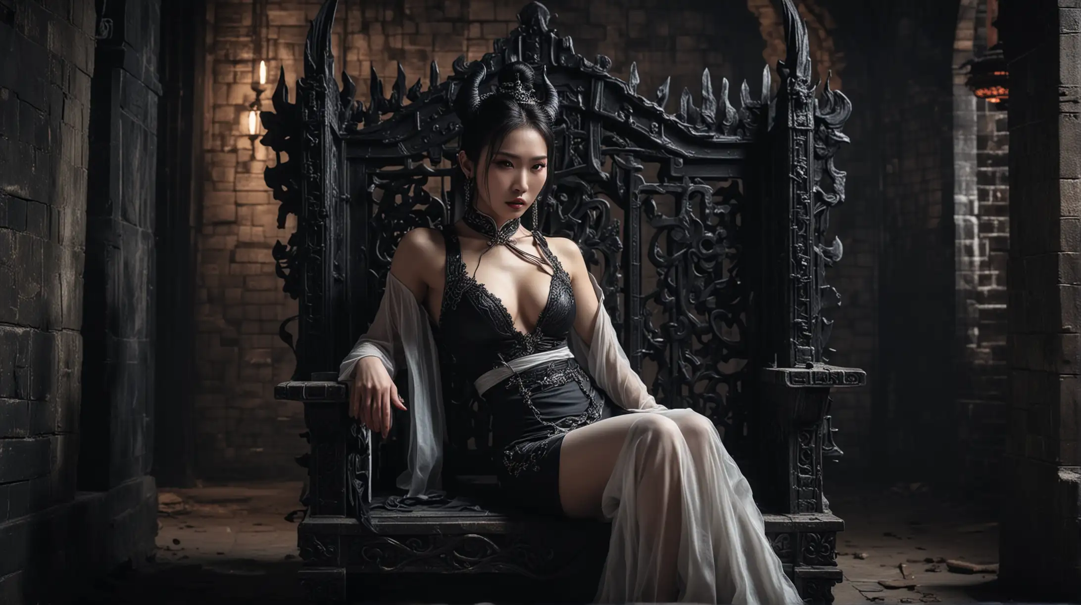 Sensual Gothic Chinese Demon Queen on Throne in Dungeon Chamber