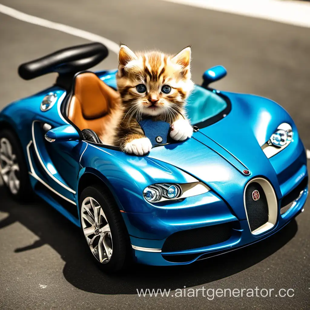 a happy little kitty riding in a blue Bugati.