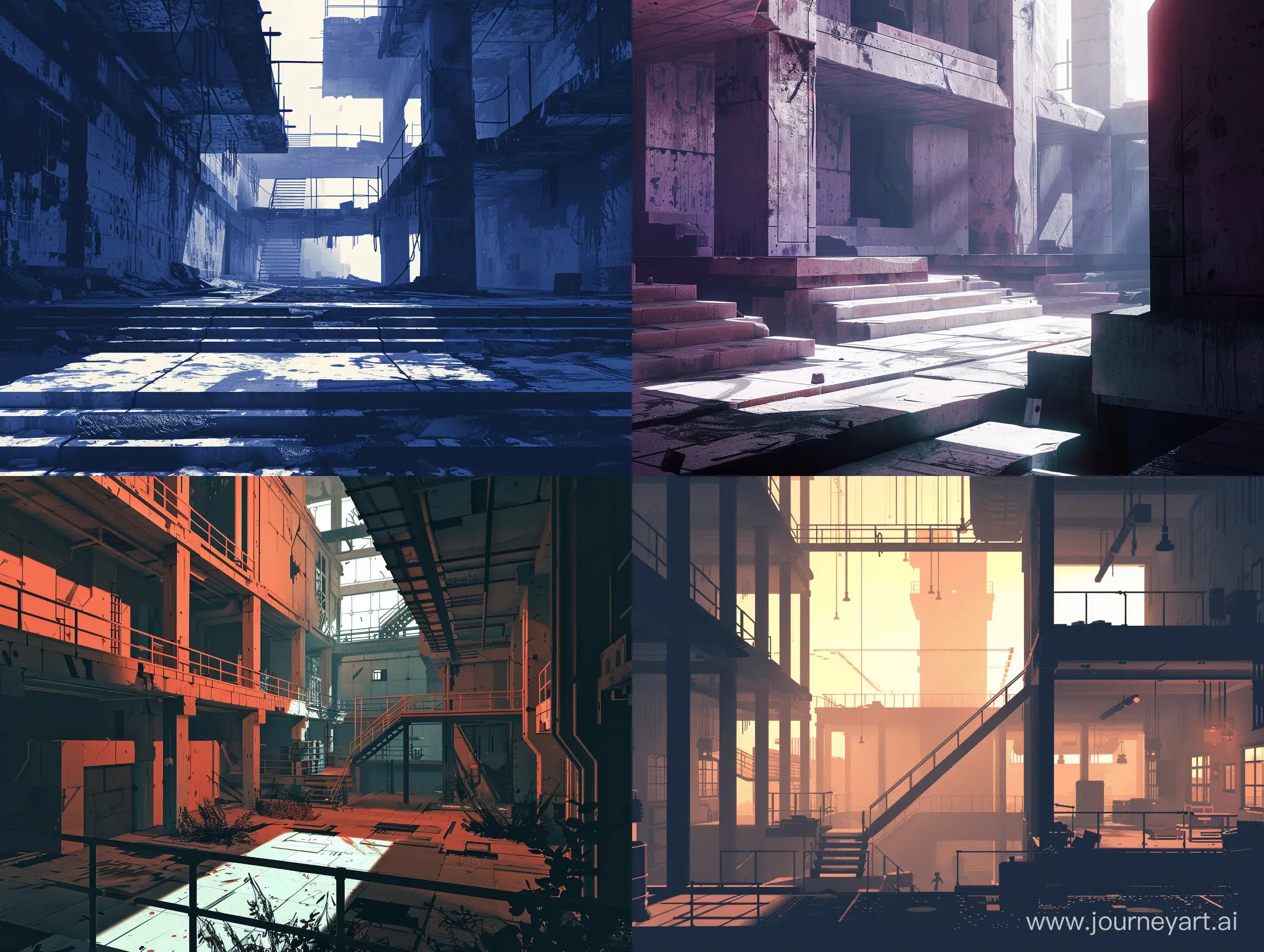 Front view. 2d platformer, side view. 2d game of sprites drawn by Matt painting. floors, large scale, like an inside game. The genre is a post-apocalypse quest. brutalist architecture. a gloomy post-apocalyptic atmosphere. the twilight. contrast and expressive textures pale shades, 8K, photorealism, unreal engine