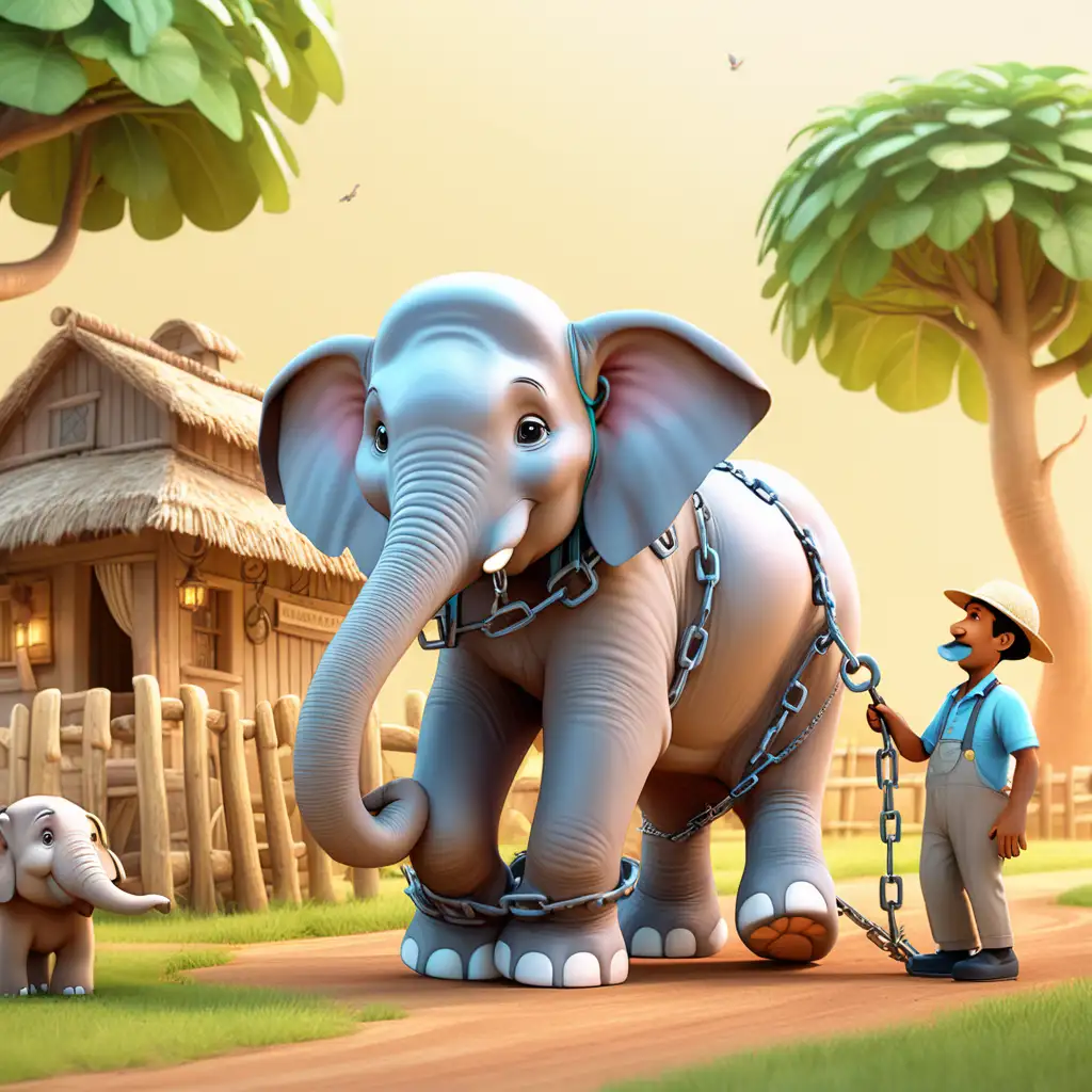 Enchanting Encounter Animated Child Talks to Elephant Keeper in Vibrant Farm Scene