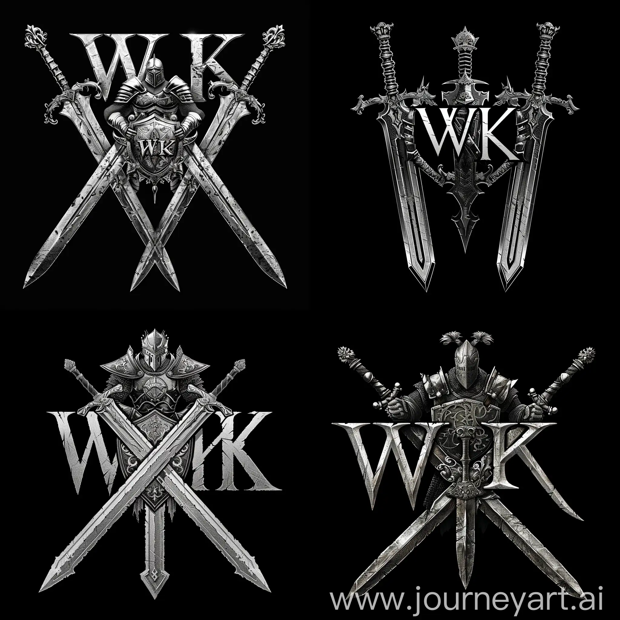 логотип "WK", где буквы "WK" стилизованы в форме двух переплетающихся мечей с орнаментами на лезвиях, между мечами изображен белый рыцарь в боевой позе держащий в руках щит и меч, рыцарь представлен в доспехах с символикой, отражающей его мощь и благородство, цветовая гамма черный и серебристый для мечей, а белый для образа рыцаря, готический шрифт "WK" в форме мечей