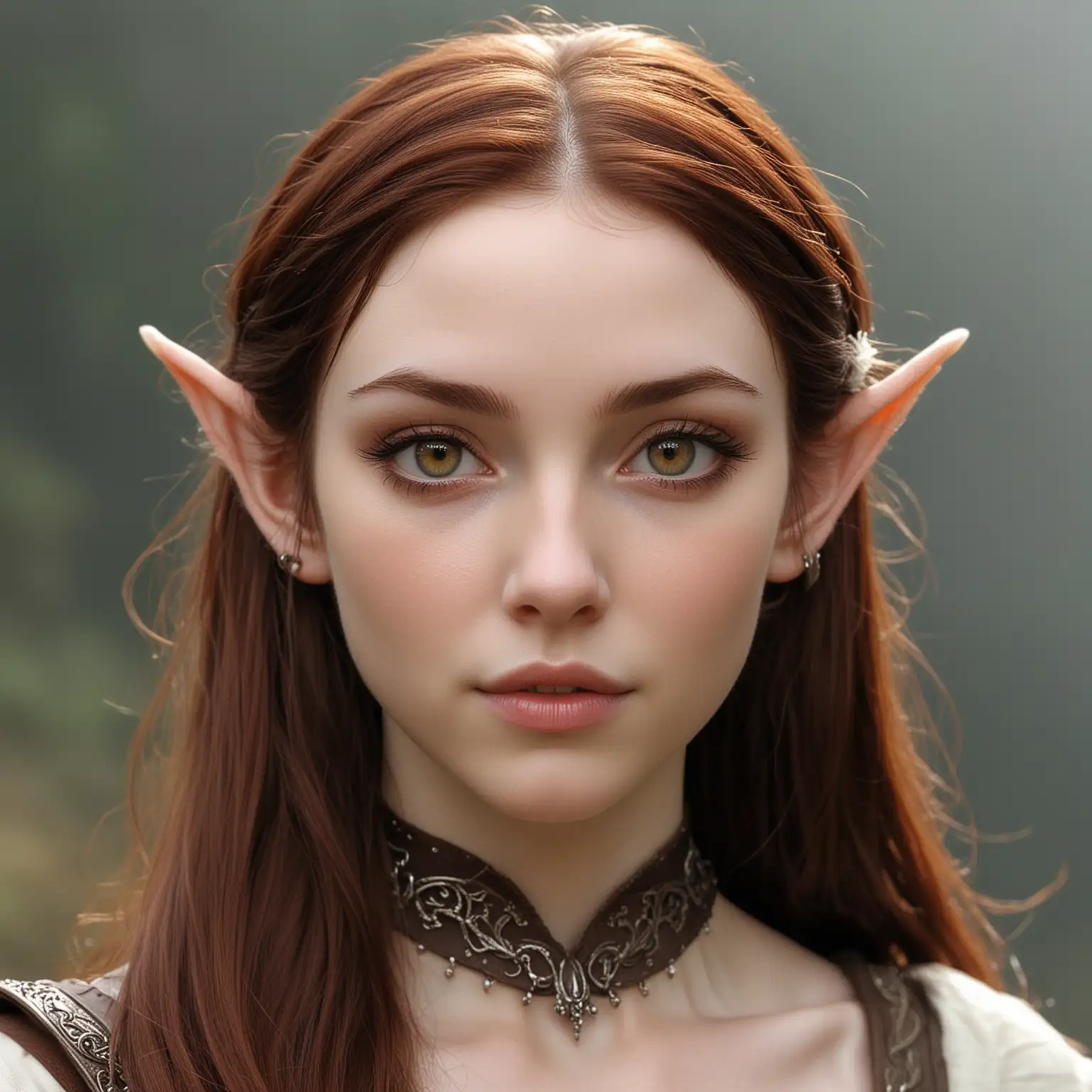 Elven Girl, pale skin, pointy ears, dark auburn hair rust colored eyes