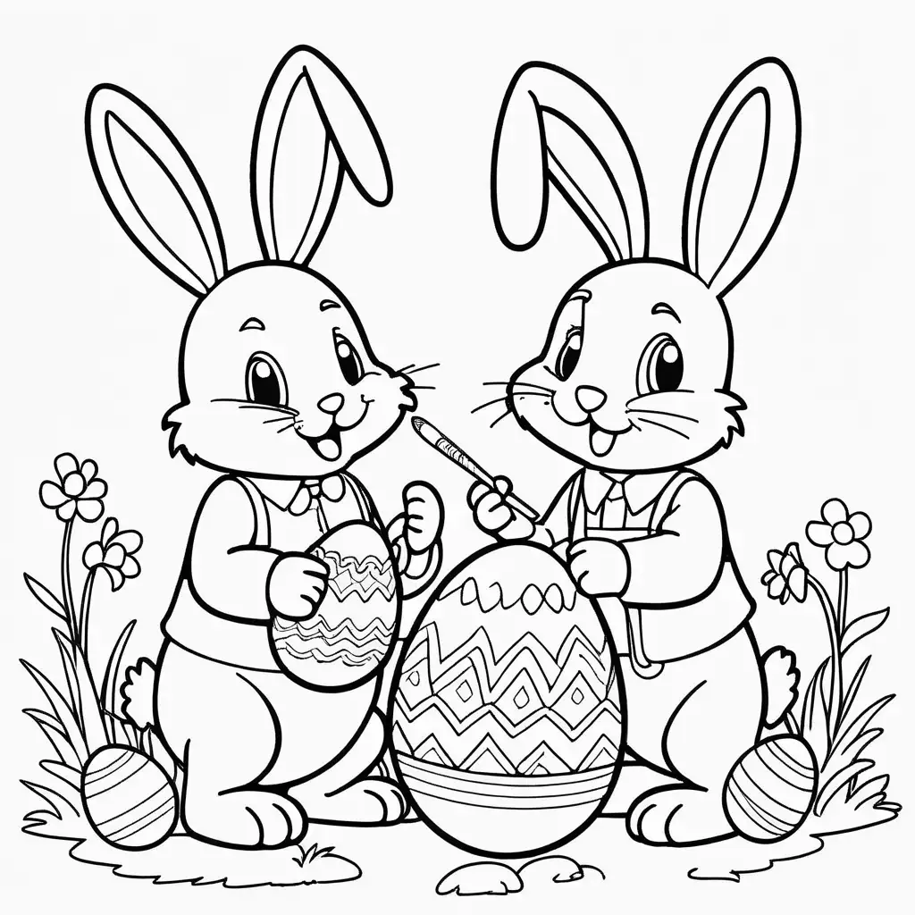 Joyful Easter Bunnies Painting Eggs in Cute Cartoon Style Coloring Book Image