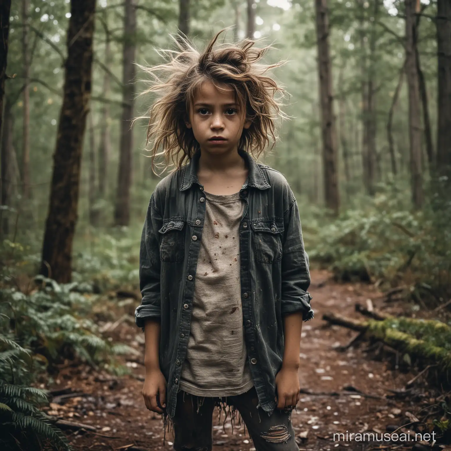aa young girl with crazy, dirty and messy hair wearing old and ratty clothes standing in a moody forest.