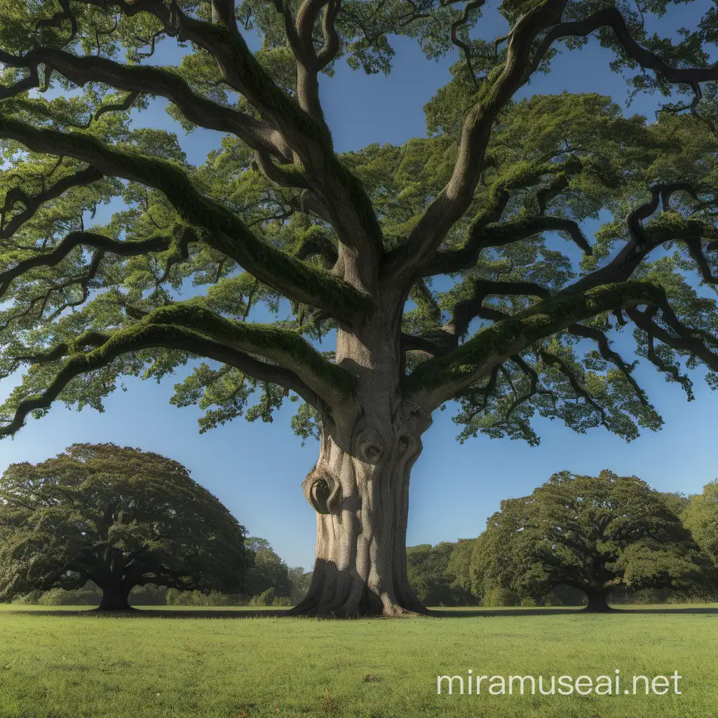 huge oak tree in foreground, multiple trees behind it, and lots of trees in the background, horizon