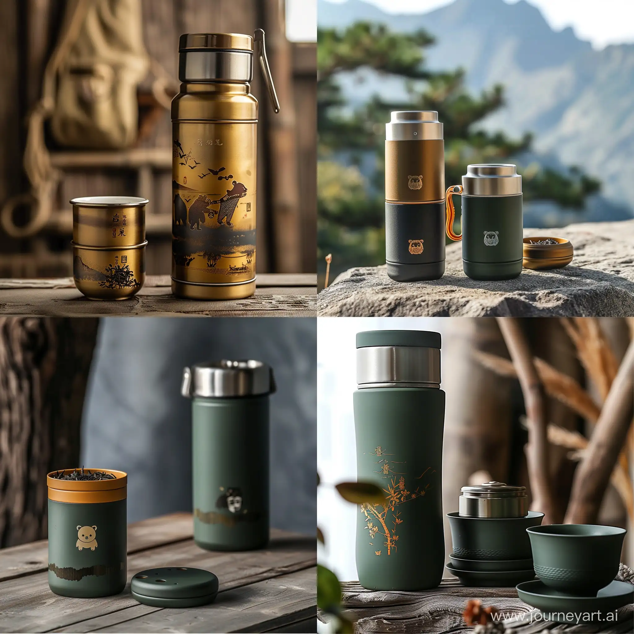 Dimensions is Height approximately 15cm, Diameter around 8cm, Travel thermos flask and tea cup material will made of Stainless steel and PP plastic lid,Travel thermos flask and cups should be stackable for storage, possibly from the bottom or top, Include a special compartment for storing tea leaves, Implement a camping-style folding handle design, Incorporate the theme of the Taiwanese black bear into the design, particularly on the cup lid
