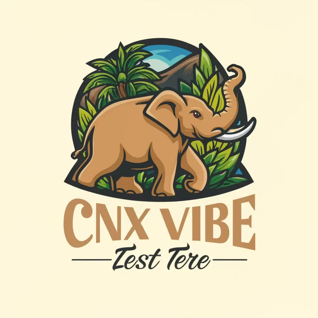 a logo design, with the text CNX VIBE, main symbol: happy elephant, moderate, be used in travel industry, clear background, Modern font, green mountain forest, Thailand, Chiang Mai, Clear background