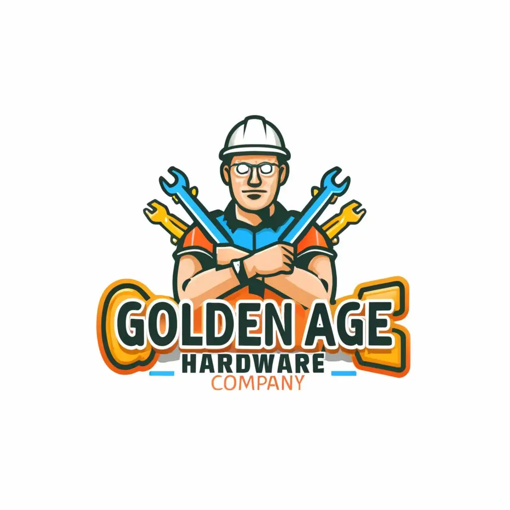 a logo design,with the text "Golden Age Hardware", main symbol:Middle-aged man in a safety helmet, colorful letter lines, simple, hardware tools.,Minimalistic,be used in Retail industry,clear background