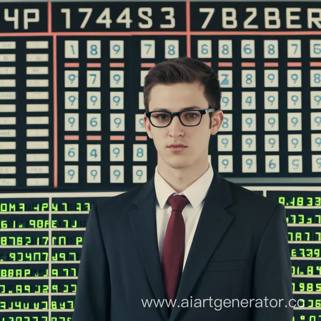 моложой мужчина по пояс в костюме и в очках без бороды возле доски электронной с цифрами 