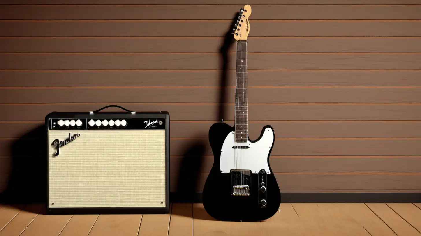 fender telecaster black with fine details and very realistic, against a wooden brown wall, next to an amplifier in cream color, minimal