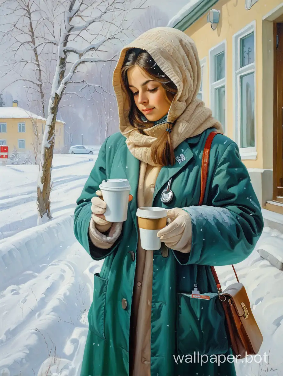 Vladimir Gusev Oil painting of doctor girl, her head covered, outside the hospital, holding cup of coffee, snowing nature