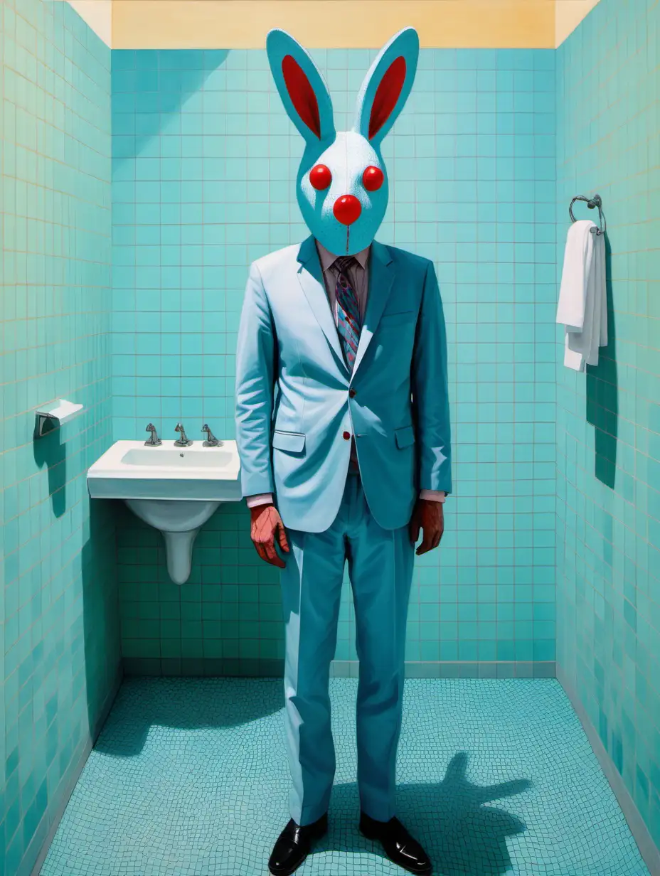 Man in Pale Blue Suit with Rabbit Mask in Ink Bathroom by David Hockney