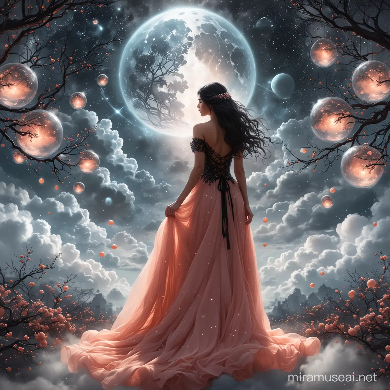 A beautiful woman, from behind, walking in the cloud sky, in front of a big transparent balls with branches inside. Long wavy black hair. Elegant long salmon and black wedding dress, haute couture. Background nebula sky. Background constellation map. Background flowers. 8k, fantasy, illustration, digital art, illustration art, fantasy art, fantasy style